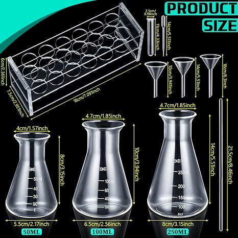 42 Pcs Beakers Test Tubes Set 5 Plastic Beakers 4 Graduated Cylinders 3 Long-Tube Funnels 3 Erlenmeyer Flask 4 Stirring Rods 10 Droppers 12 Plastic Test Tubes with Rack for Science Lab DIY
