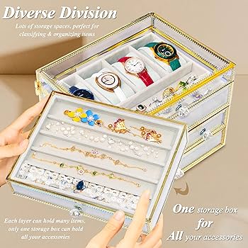 Youdepot ジュエリーボックス 時計ボックス 時計収納ケース ジュエリー収納 高級強化ガラスディスプレイストレージ グレーベルベット引き出し4個付き イヤリング リング ウォッチ ネックレス ブレスレット ディスプレイケース ギフト