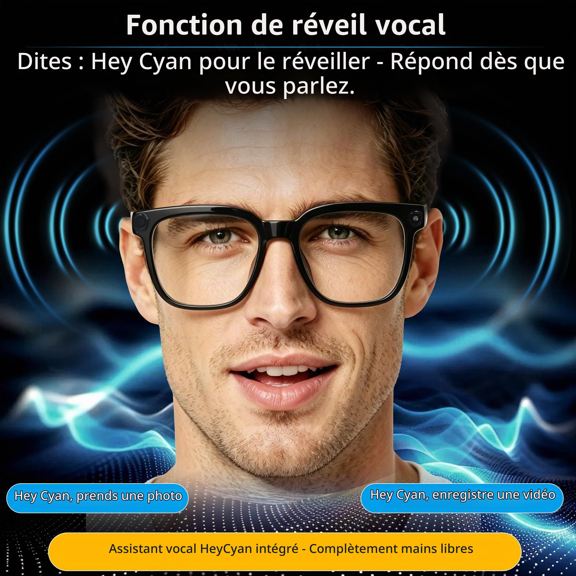 Lunettes intelligentes Ai avec caméra et Bluetooth - Enregistrement vidéo 4K HD, traduction en temps réel, avec verres changeant de couleur pour voyage, sports, utilisation en extérieur