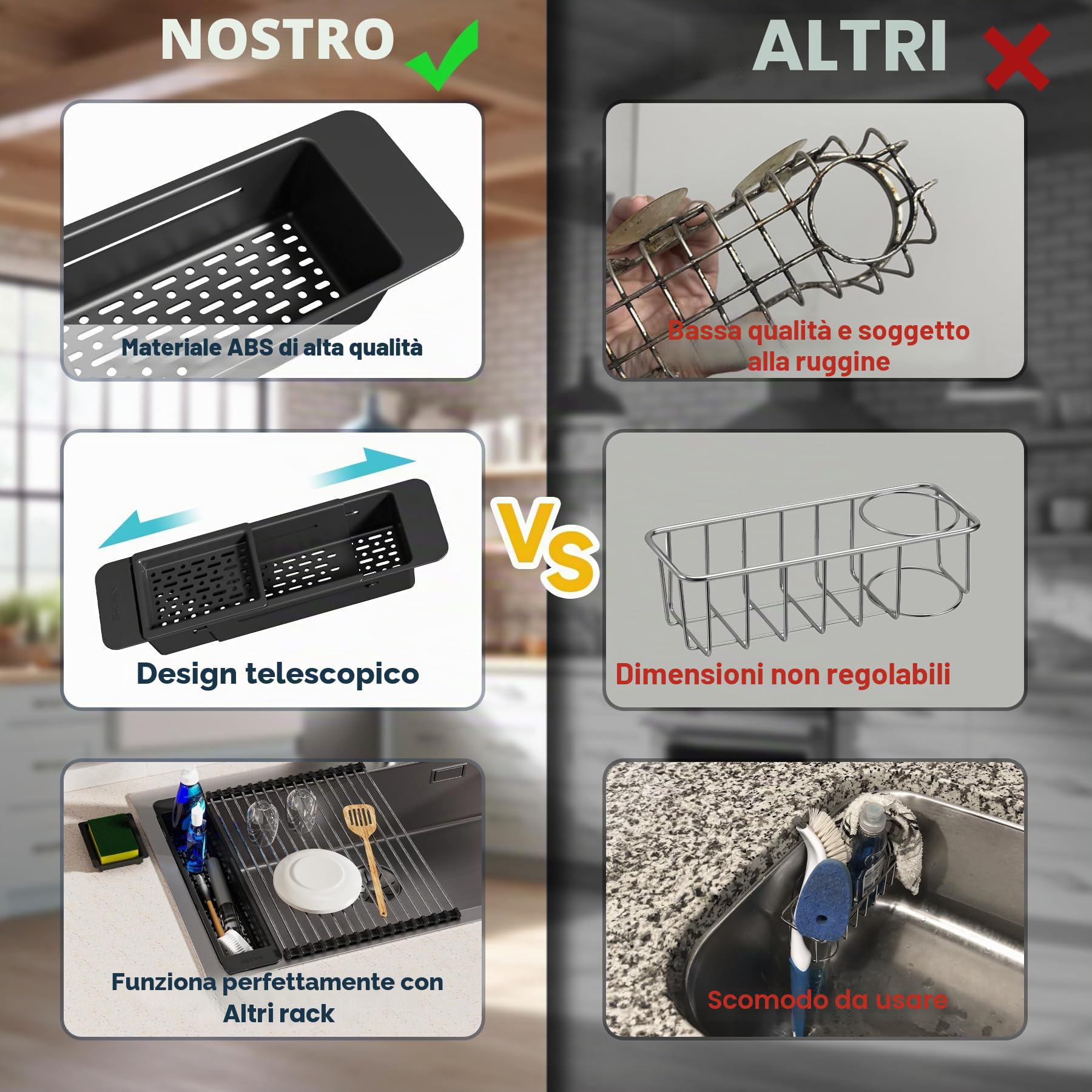 NiHome Organizer estensibile da cucina per lavello (nero)