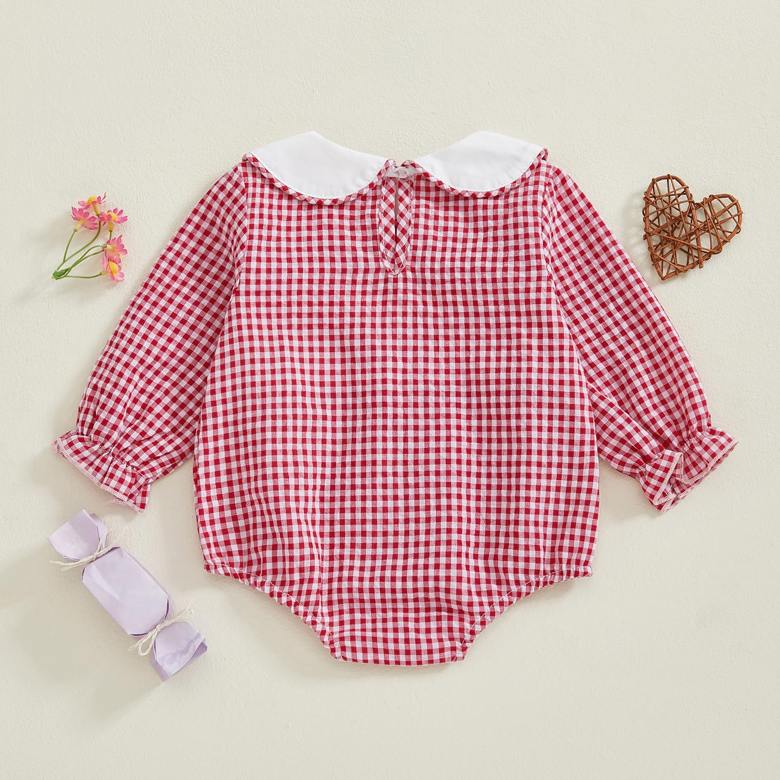 Amiblvowa Baby Girl Valentines Day Outfit Embroidery Love Heart Smocked Bubble Romper Bodysuit Cute Infant Newborn Clothes (Red Plaid, 6-12 Months)