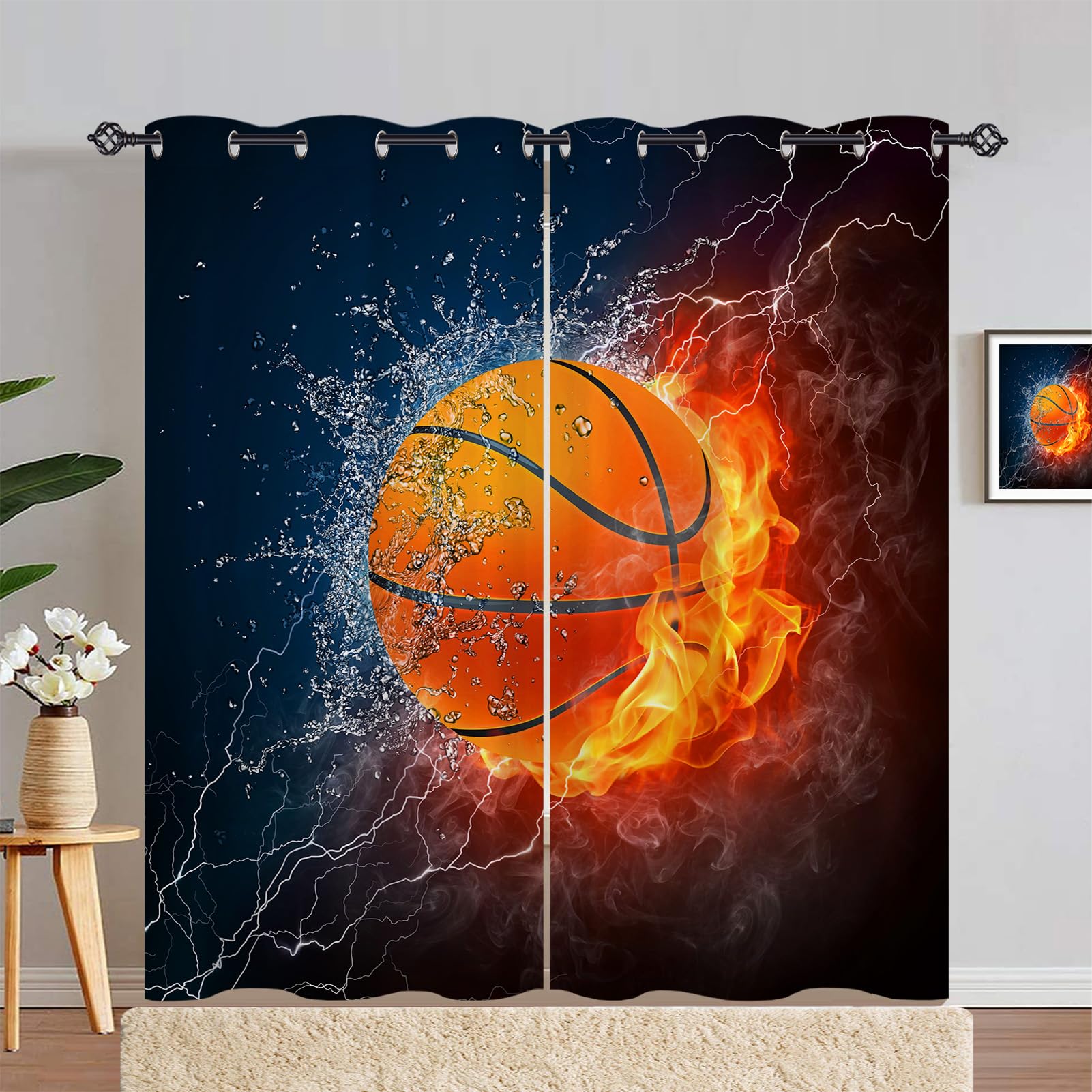 ANHOPE Sport Thema Flamme Basketball Vorhänge mit Ösen Kinder Jungen Mädchen Gardinen Blickdichte Thermo Vorhang Blackout Curtain Schlafzimmer Wohnzimmer Verdunklungsvorhänge 2er Set H 214 x B 117 cm