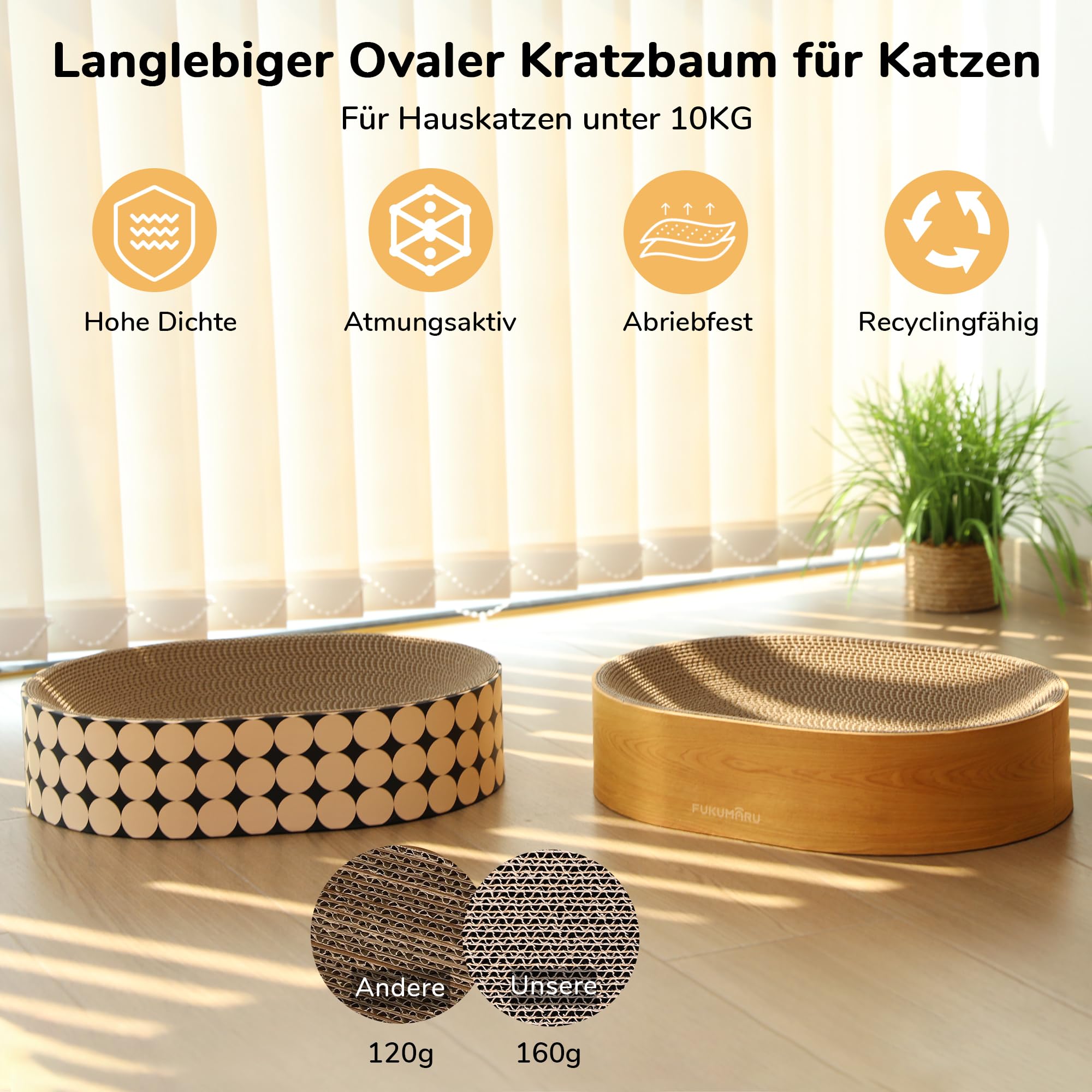 FUKUMARU Kratzbrett Katzen, ovales Kratzbrett für Katzen, Katzenkratzbrett aus hochwertigem Karton, widerstandsfähig Kratzmöbel, Schützt Ihre Möbel ，Kratzen & Ausruhen，Holzfarbe
