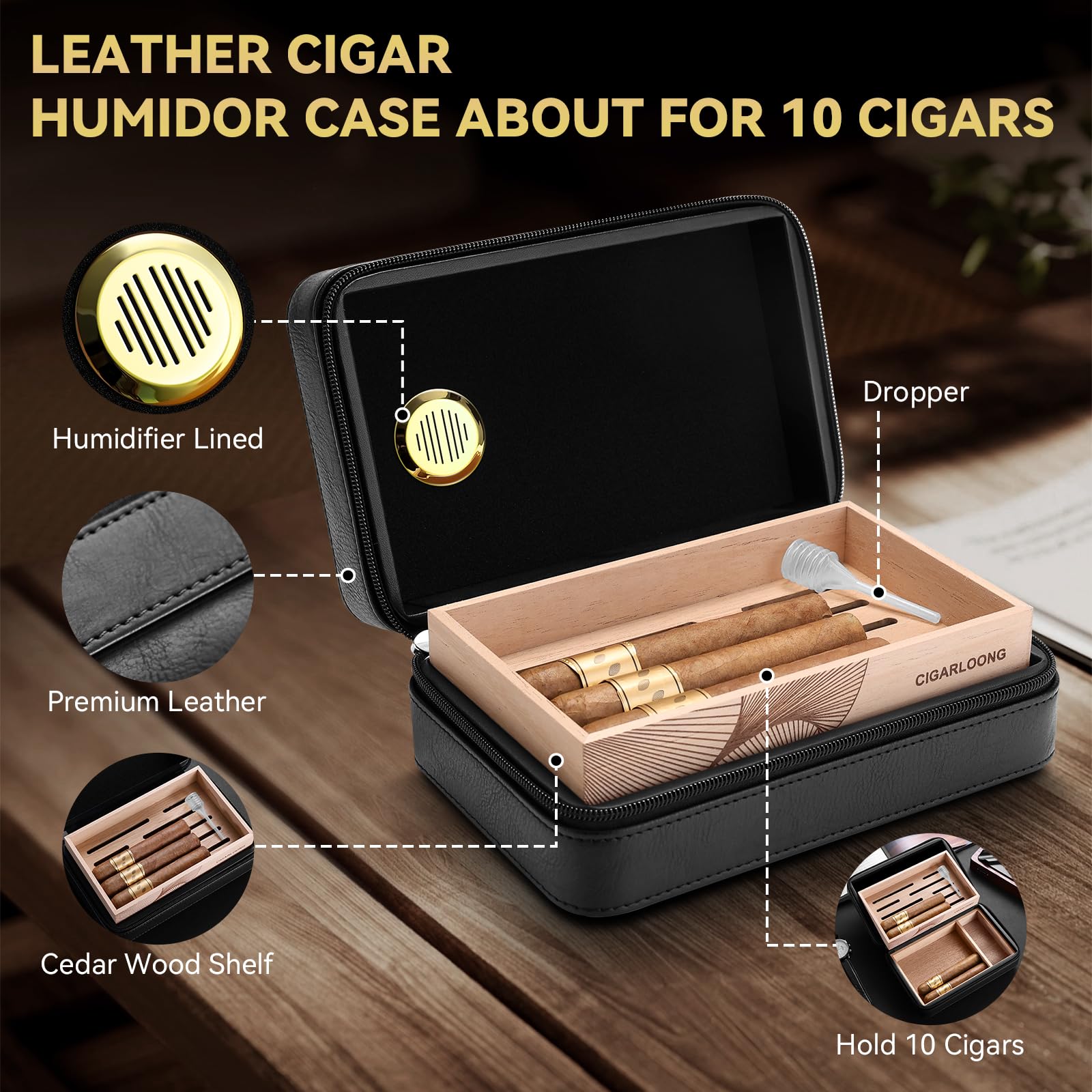 Zigarren-Humidor, Zigarrenetui aus Leder mit Zedernholzregal, tragbarer Reise-Zigarren-Humidorkoffer mit Luftbefeuchter, kann 10 Zigarren aufnehmen (Schwarz)
