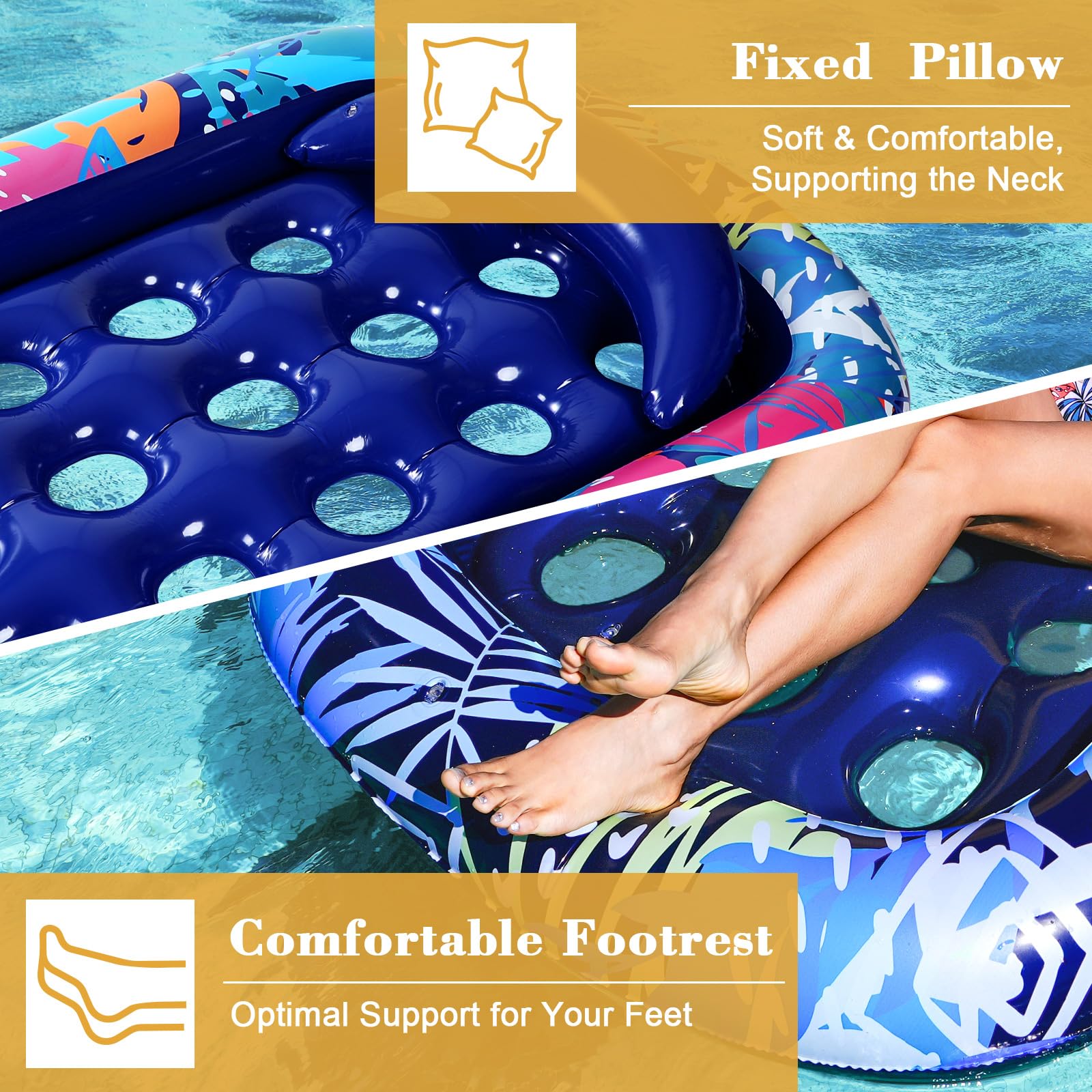 QuFrotty Inflatable Pool Floats For Adults With Headrest & Cup Holder, Large Inflatable Pool Lounger Raft Adult Size, Blue Pool Chair For Adults Travel (Navy Watermelon