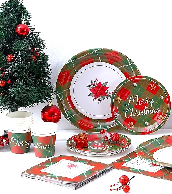 Winoo Design Large Christmas Paper Plates and Napkins Sets - Serves 16 - Includes 10 Inch Disposable Christmas Plates Cups Napkins Dinnerware for Christmas Decorations Christmas Décor Party Supplies