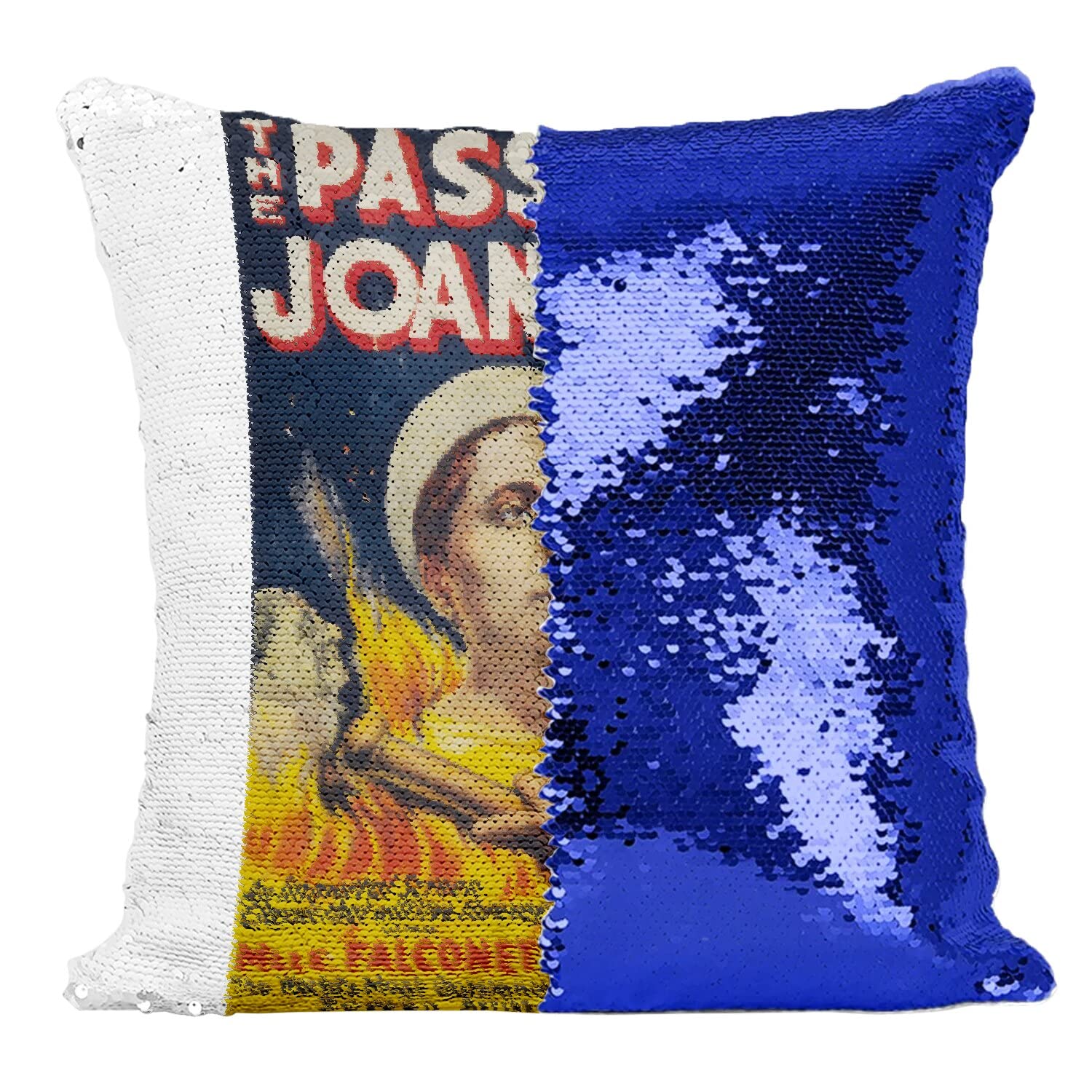 Coussin Sequin Paillettes Bleu avec l'affiche de film The Passion of Joan of Arc