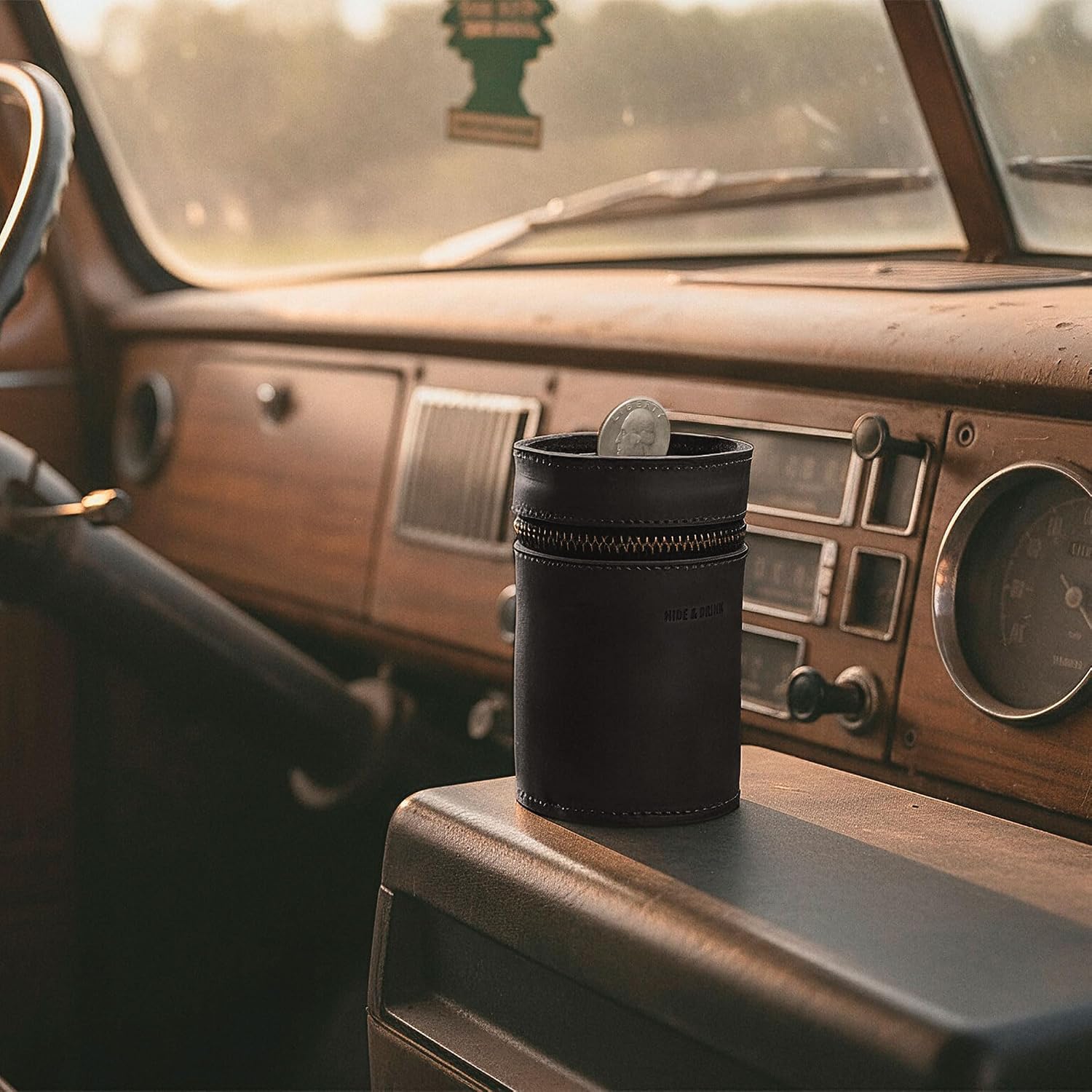 Hide & Drink, Thick Leather Piggy Bank Bucket, Fits in Car Cup Holders, Coin Case, Coin Organizer, Zippered Pouch, Full Grain Leather, Handmade (Charcoal Black)