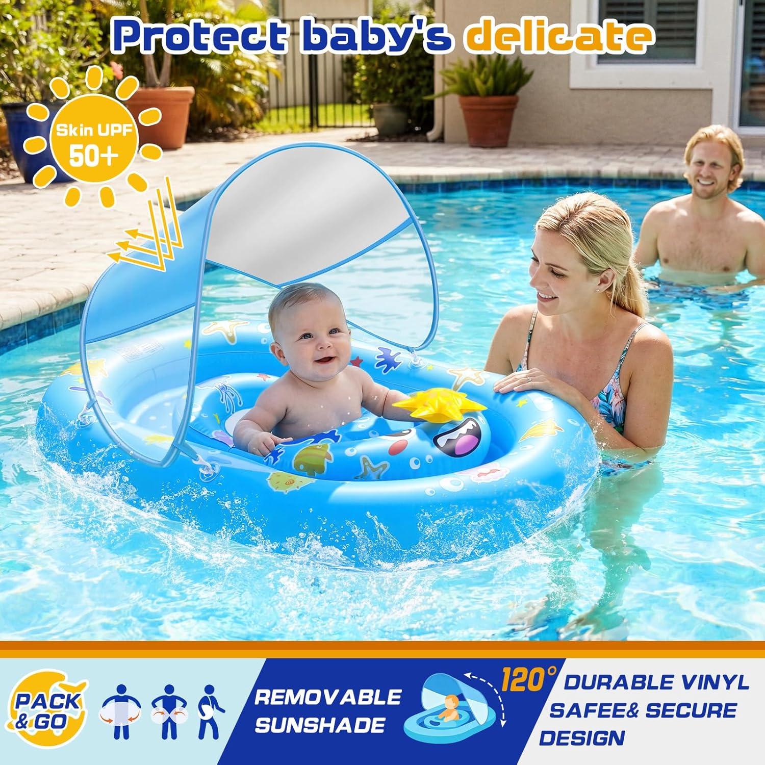 Baby Pool Float with Canopy UPF50+ Sun Protection, WJWJA Inflatable Kids Pool Floats with Adjustable Safety Seat Infant Swimming Float for Baby 6-36 Months Boys and Girls