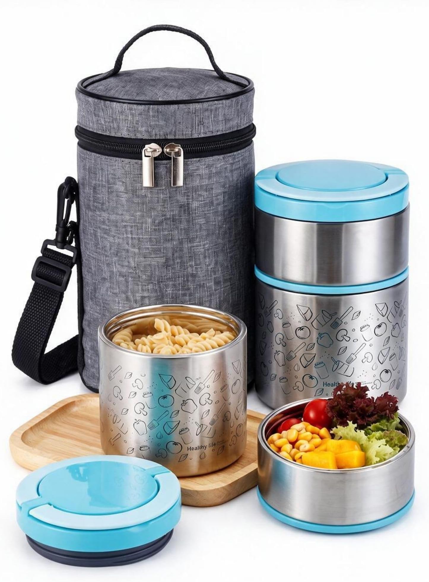Insulated Food Flask, Vacuum Insulated Lunch Box, 950ml | Stackable 2-tier, Stainless Steel Food Warmer Container, With Lunch bag, Great for Work, Picnic & Travel