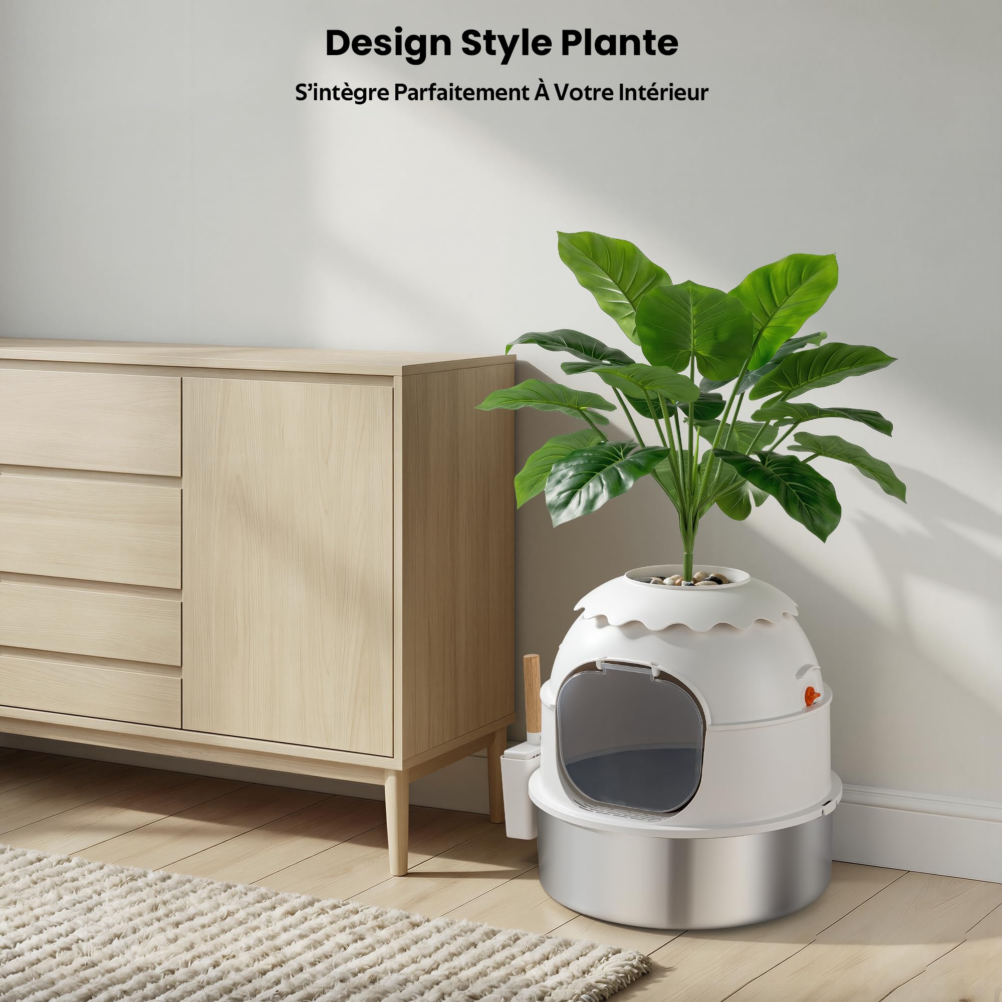 Bac à litière pour chat, Litière Plante en Acier Inoxydable avec Décoration de Plante, Enceinte avec Porte Claire, Inclut Pelle et Tapis à Litière, Contrôle des Odeurs Blanc