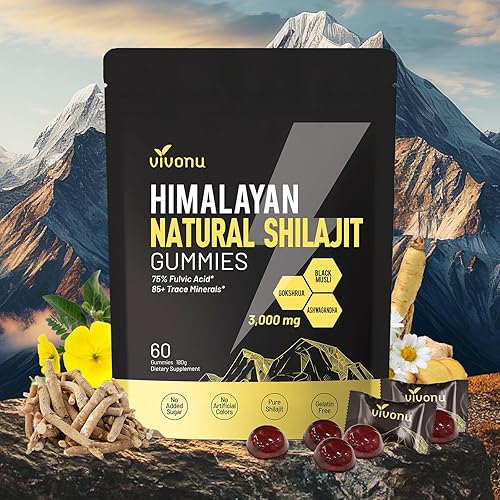 Gomitas Shilajit del Himalaya con Ashwagandha y Gokshura Más de 85 minerales traza y ácido fúlvico Suplemento de micronutrientes orgánico sin OMG