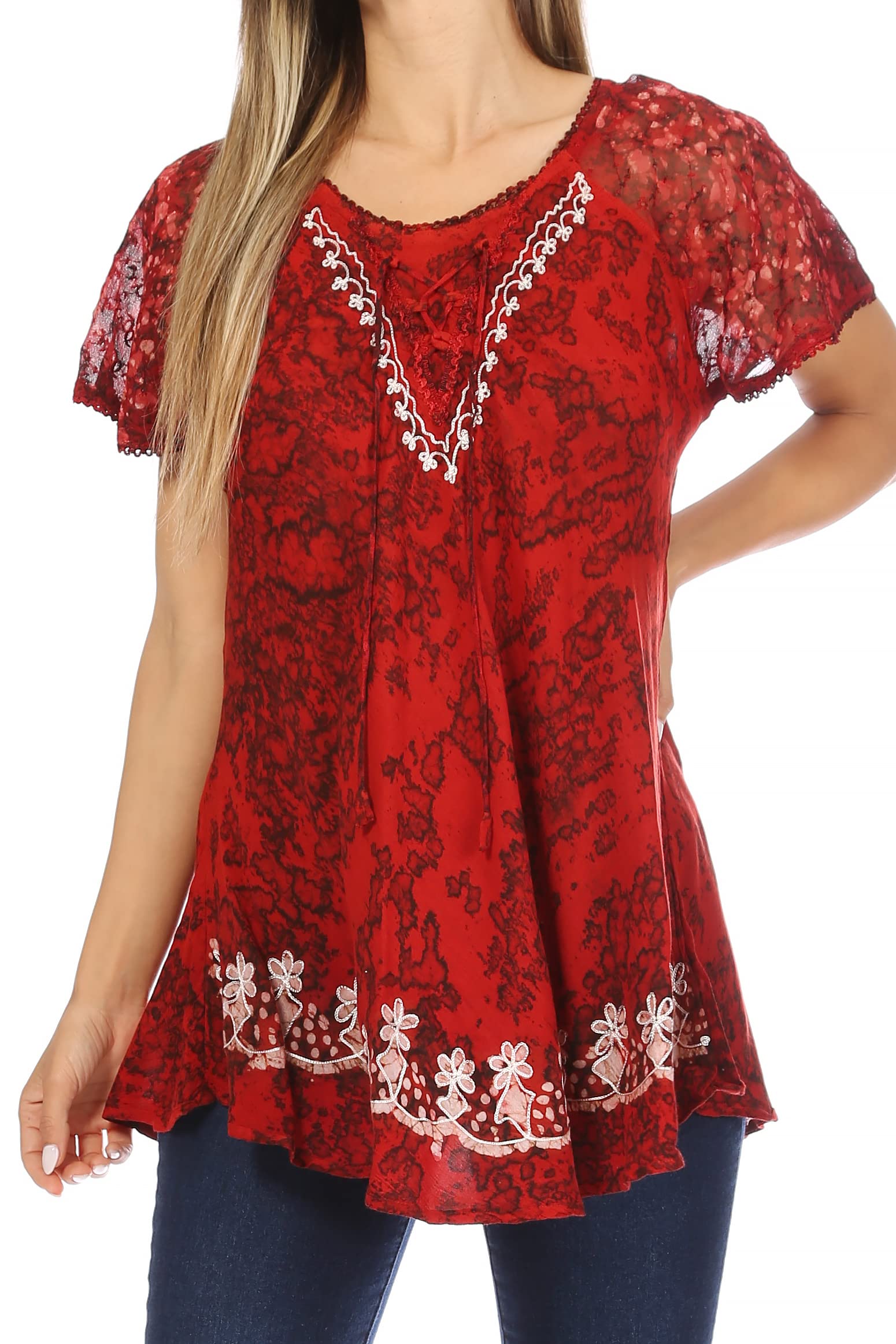 Sakkas Ash mouchetée Tiedye Casquette brodée Manches Chemisier Top Ourlets Broderie