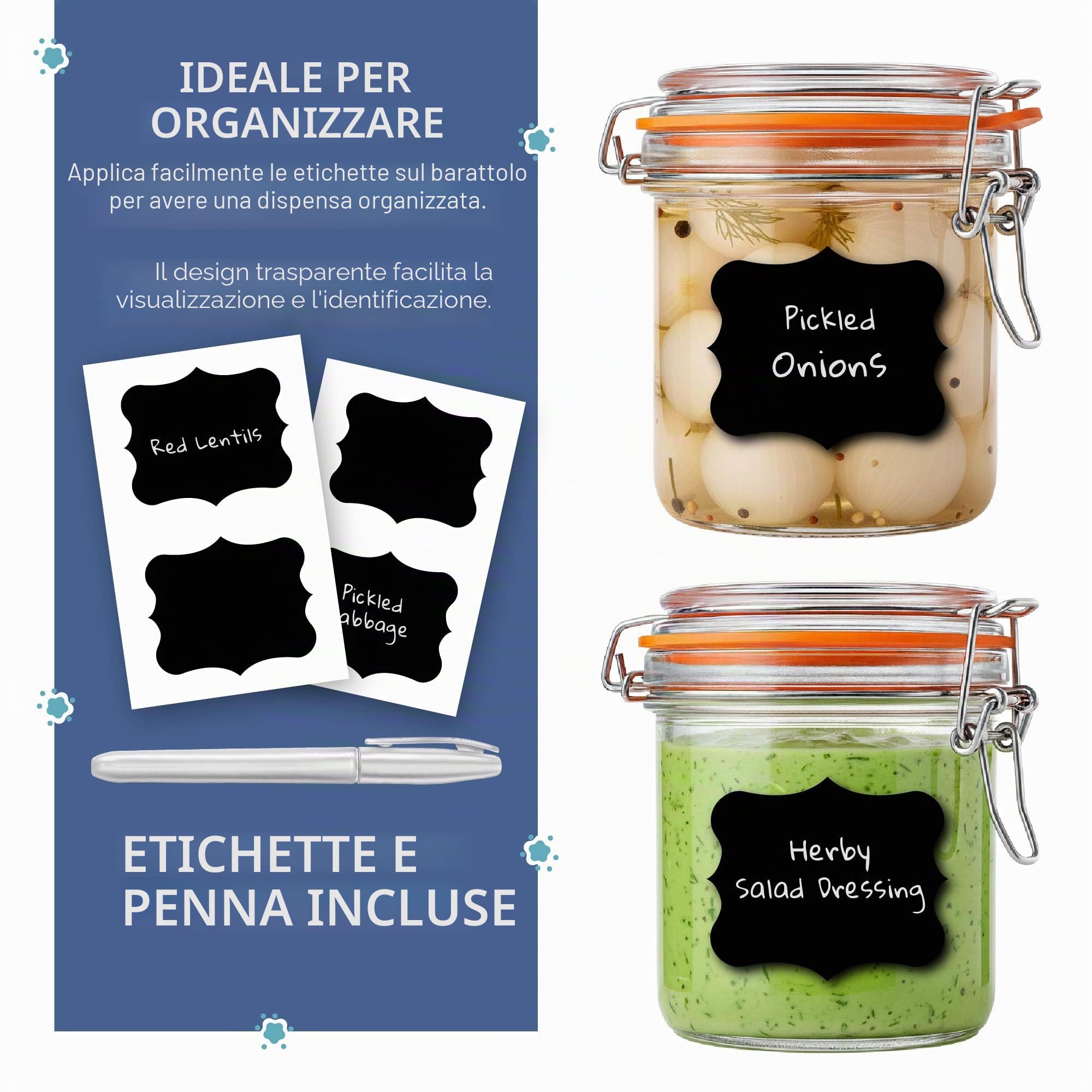 HEFTMAN Barattoli in vetro con chiusura a clip - Set di 6 barattoli in vetro da 250 ml ermetici con coperchi e guarnizione in silicone per pasta, lievito madre, chutney, sottaceti, organizzazione