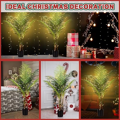 Miniatura 7 de Palmera artificial areca de 3.94 pies de alto, palmera sintética tropical con 100 luces LED blancas cálidas, 10 hojas, palmera falsa para el hogar,