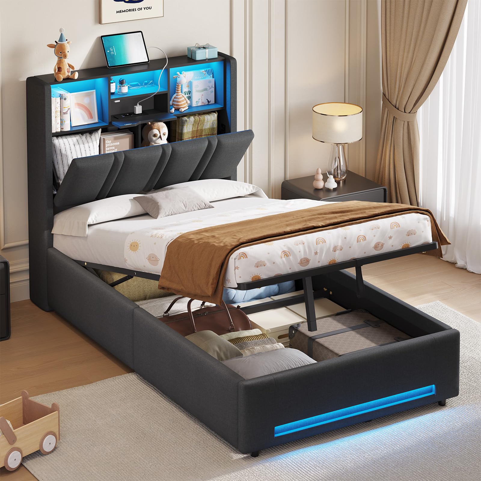 DICTAC Lit Coffre 90x200 Entièrement Rembourré 90x200 Gris avec Rangement – Sommier Relevable à Vérin, Tête de lit LED & Prises USB/Type-C – pour Enfant, Ado, Adulte
