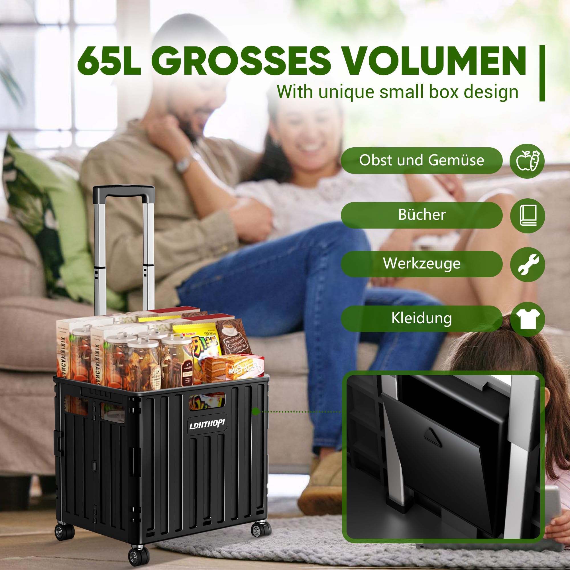 LDHTHOPI Einkaufstrolley klappbar 65L,MAX 50KG Trolley mit Teleskopgriff,4 Zerlegbaren Drehbaren Rädern,100 x 42 x 37 Hohe Kapazität Einkaufstrolley,für Einkaufen Picknick Aufbewahrungskiste,Schwarz
