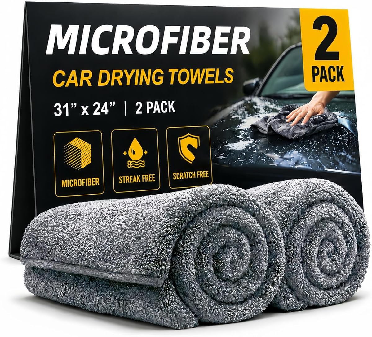 2 Pack Professional Large Microfiber Car Drying Towels (31" x 24"), Microfiber Towels for Cars, Scratch Free, Lint Free, Highly Absorbent Quick Drying Towel Cloth for Cars, Trucks Boats, Car Detailing
