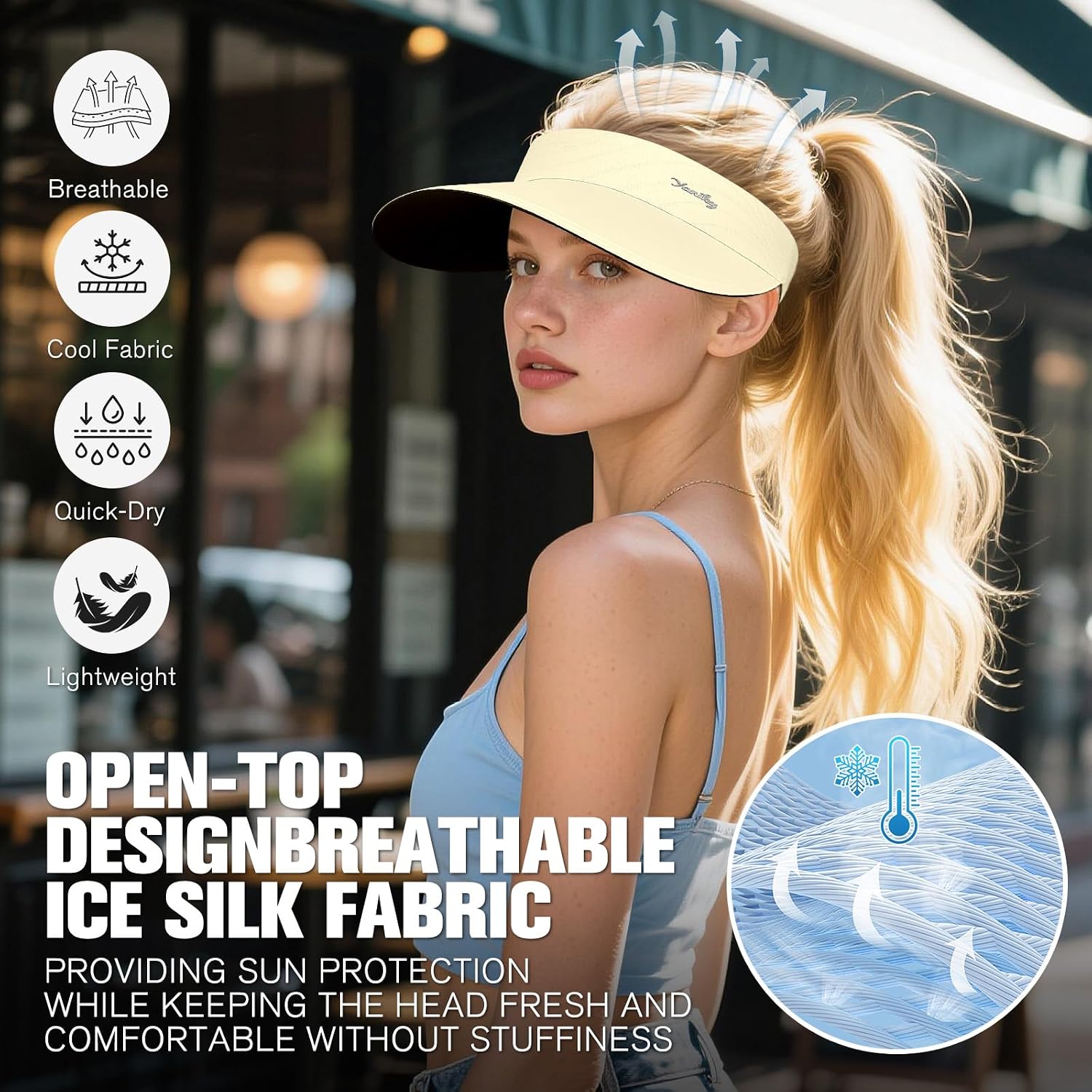 YANIKY Sun Visor for Women Wide Brim Summer UPF50+ UV Protection Seamless Sun Hats Foldable Beach Cap (US, Alpha, One Size, Beige)
