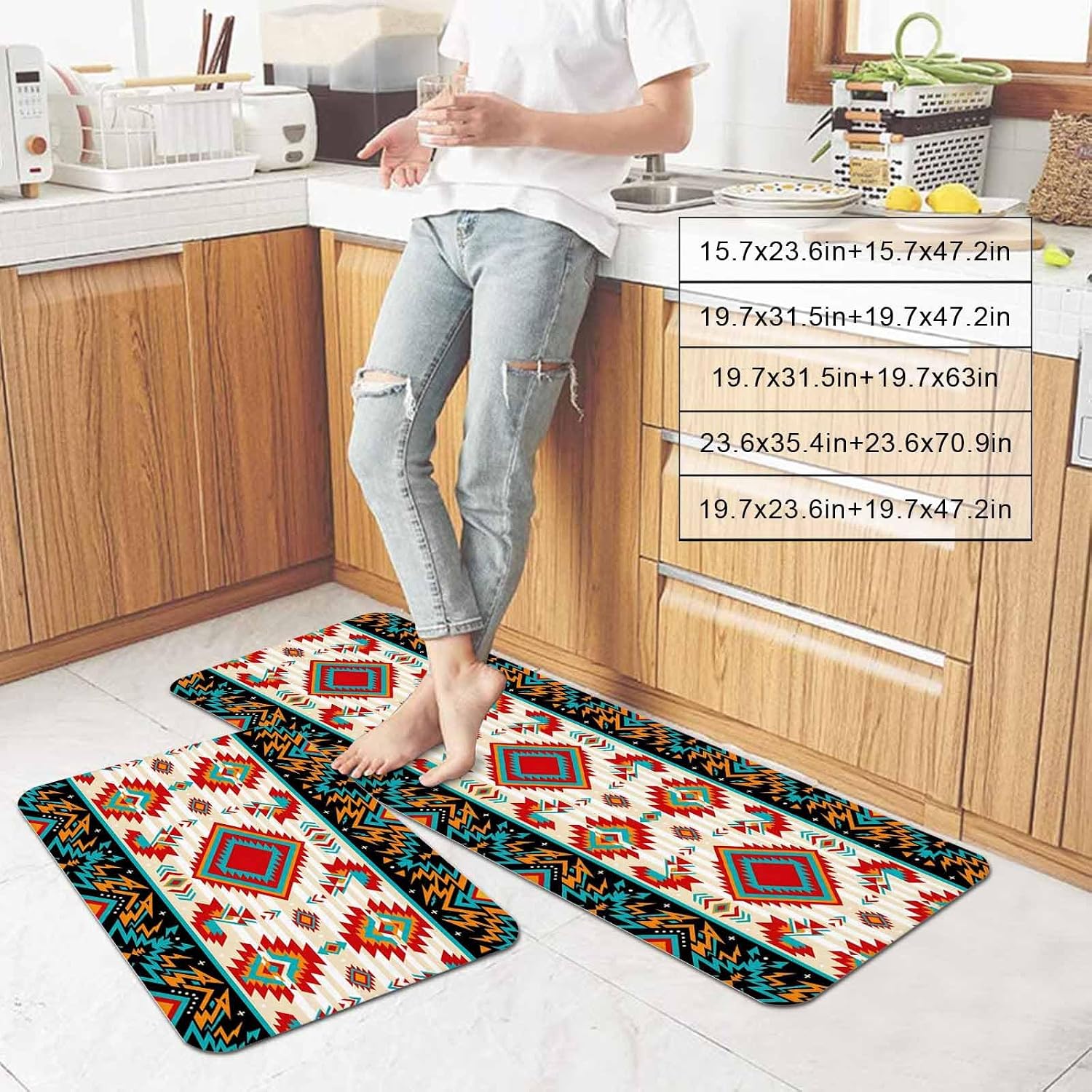 Prime Leader Ethnic Geometric Kitchen Mat Set 2 Pieces Southwestern Argyle Stripe Red Teal Farmhouse Non Slip Kitchen Rugs Washable Runner Rug Mats for Sink Laundry (19.7" x 31.5"+19.7" x 47.2")