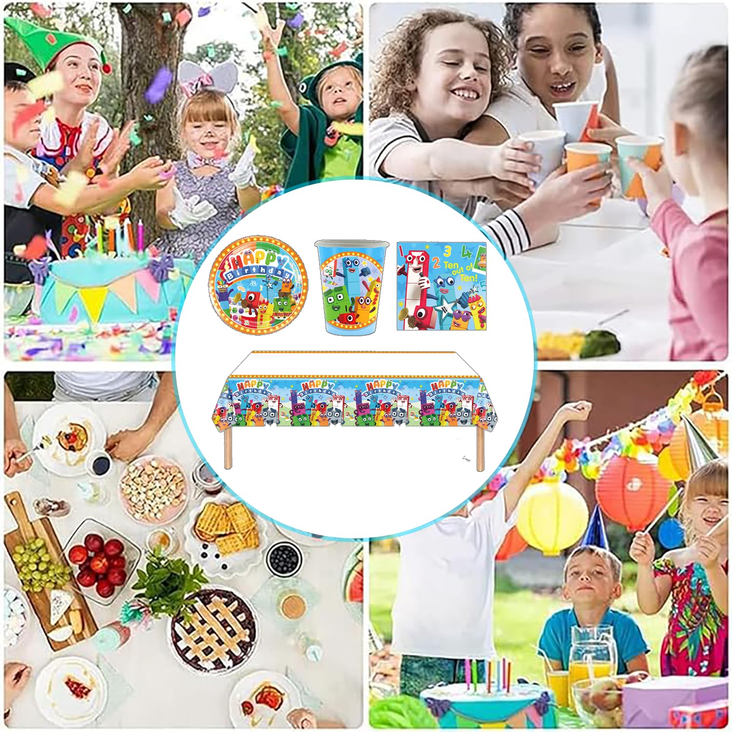 Set di stoviglie per bambini Digital Blocks, Cartoon Blocks Party, comprensivo di tazze, tovaglioli, piatti, tovaglia, adatto per feste di compleanno per bambini, anniversari, per 20 persone!