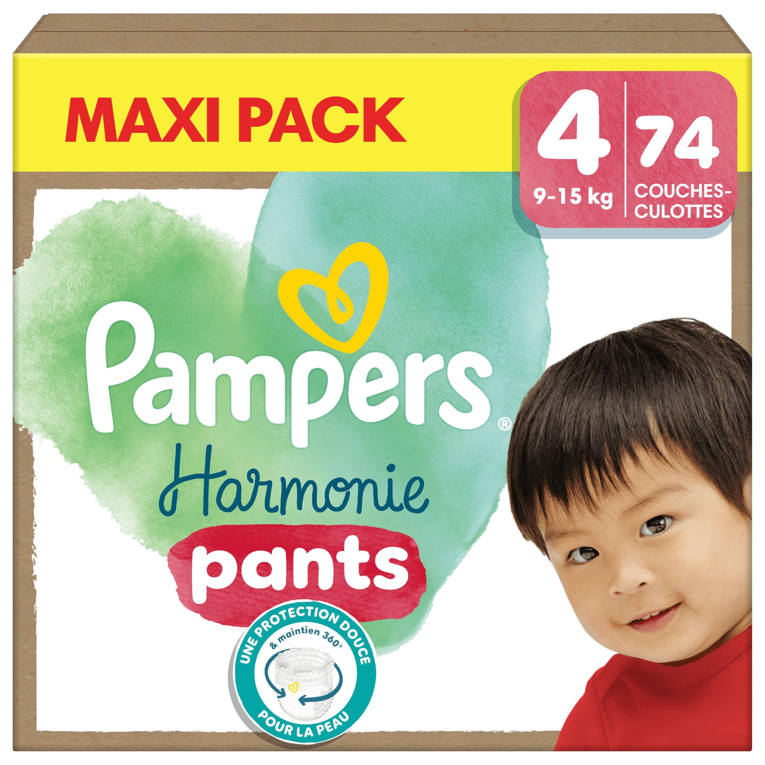 Pampers Harmonie Couches Taille 4, 74 Couches, 9kg-15kg, Protection Douce De La Peau Avec 100% D’Absorption Pampers