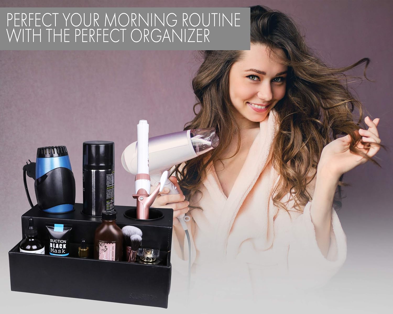 SQUAREBOX Black Hair Tool Organizer - Blow Dryer, Curling Iron, Flat Iron Holder - Hair Styling Tools Accessories Organizer - Vanity Countertop Organizer - Free Travel Bag Gift! (Black) : Home & Kitchen