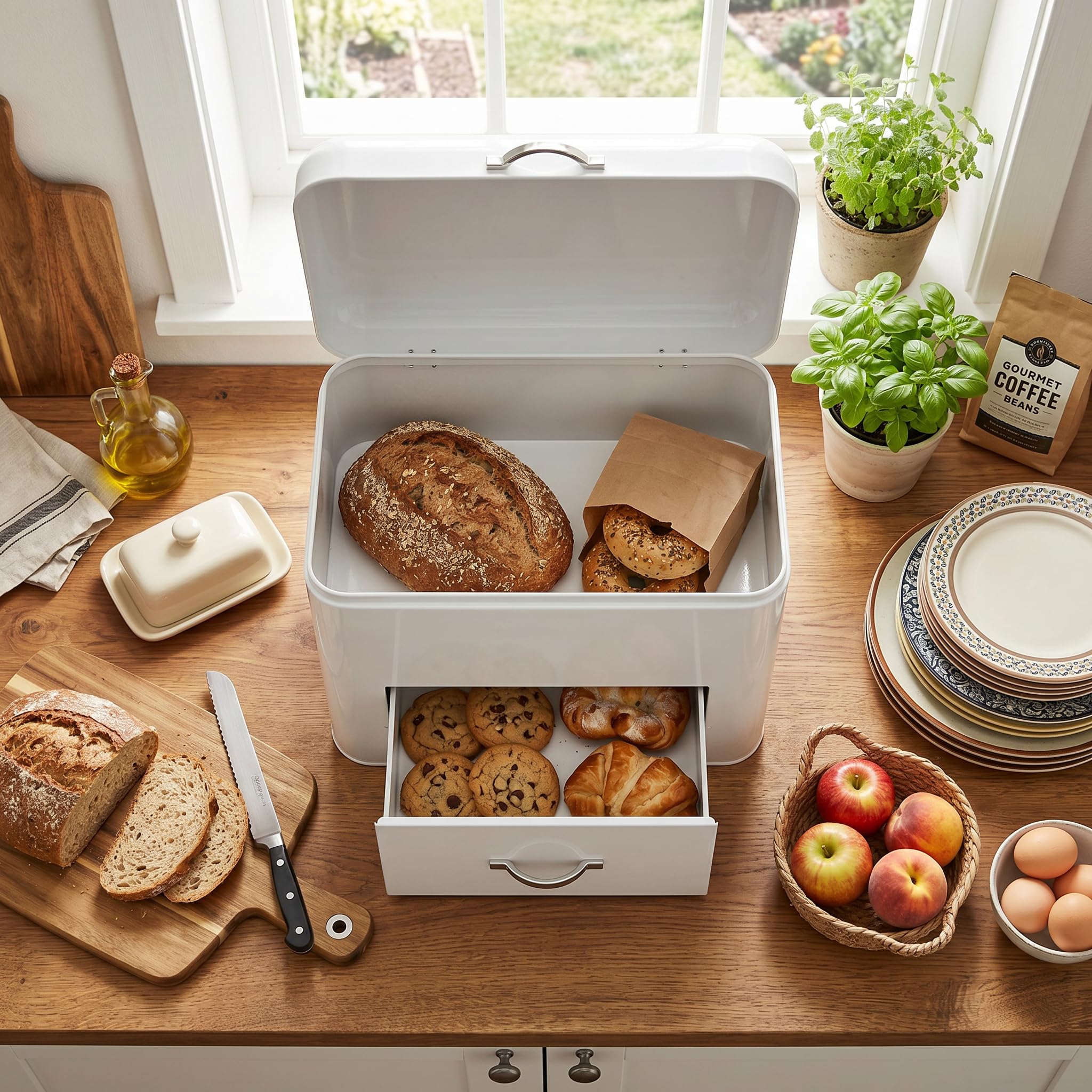 Brotkasten aus Eisen, 2-stöckiger Bauernbrotbehälter mit Großer Kapazität und Glatter Oberfläche, für die Aufbewahrung von Brot, Gebäck, Keksen in der Küche (WHITE)