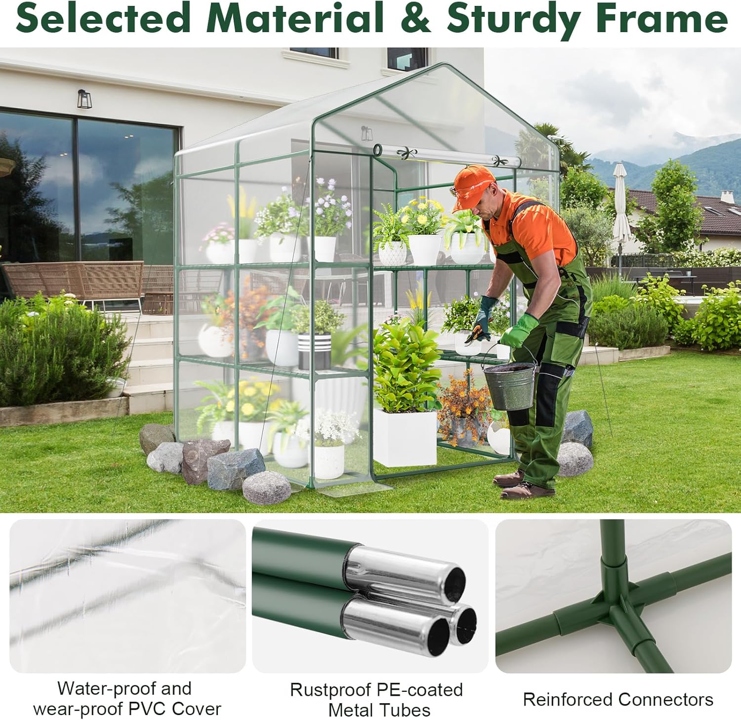 Happygrill Greenhouse, Portable Greenhouses for Outdoors w/8 Shelves, Roll-Up Zippered Door, 2 Observation Windows & 2 Tiers, Weather-Proof PE Cover, Wind Rope (Transparent, 55” x 57” x 77”)