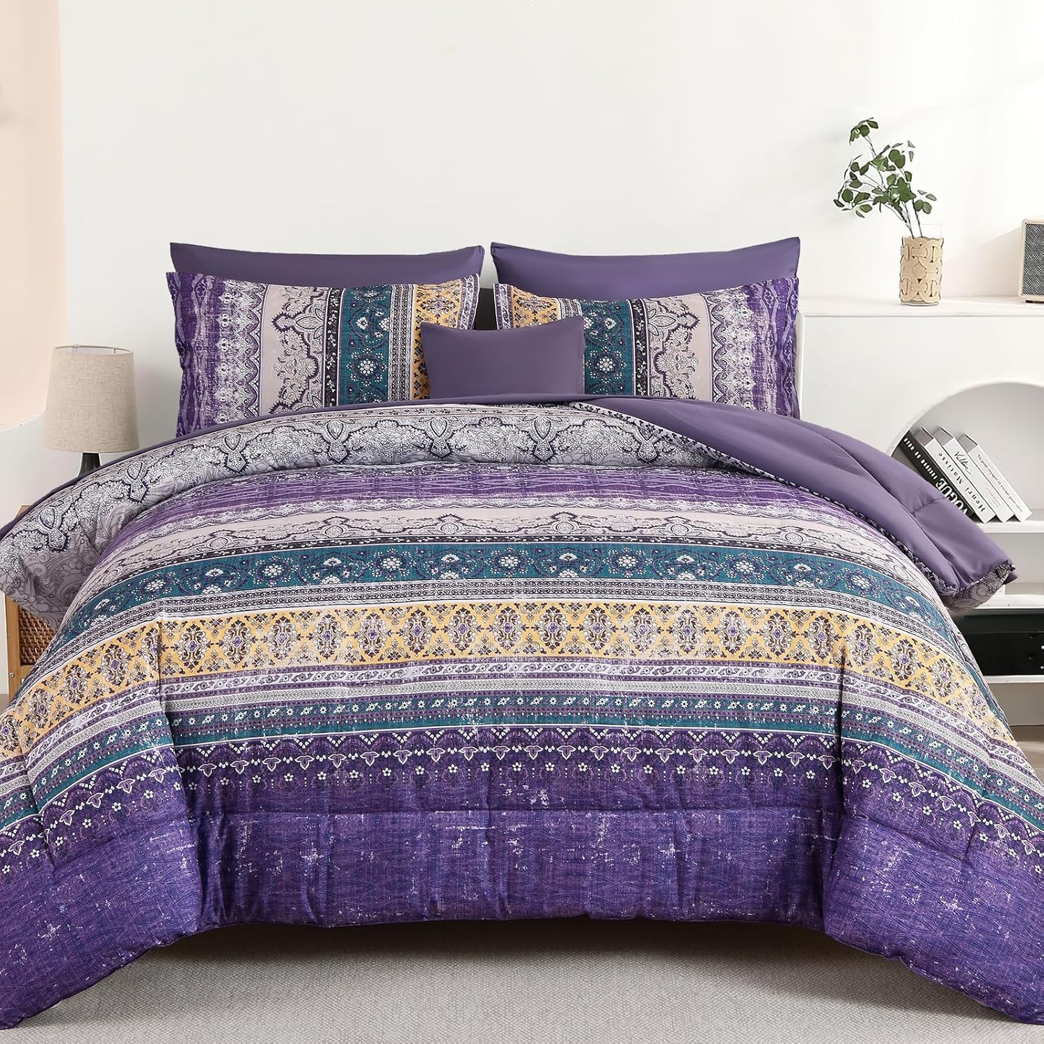 Cottolester Boho Comforter Set California King Size 8 Pieces,Violet Bohemian Striped Bed in a Bag, Paisley Soft Microfiber Bedding Comforter Set