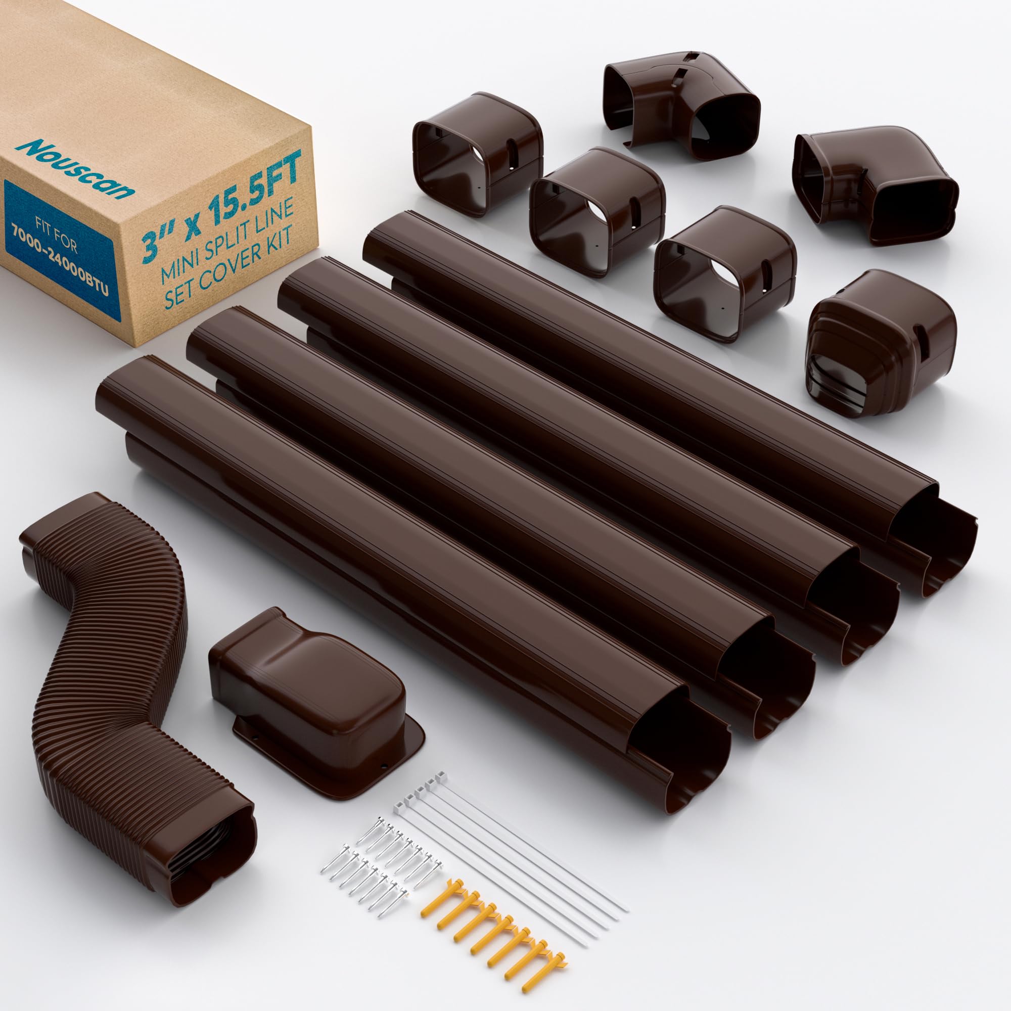 Nouscan Mini Split Line Set Cover with Flexible Duct, 3" 15.5Ft, Brown