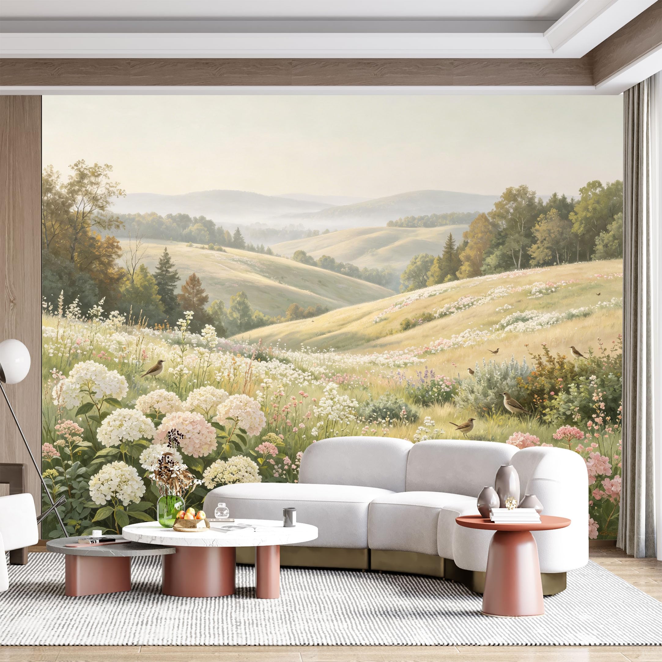 Custom Size Wall Mural Pastoral Landscape Floral Meadow Birds Oil Painting SelfAdhesive Wall Fabric Removable for Home Office Decor