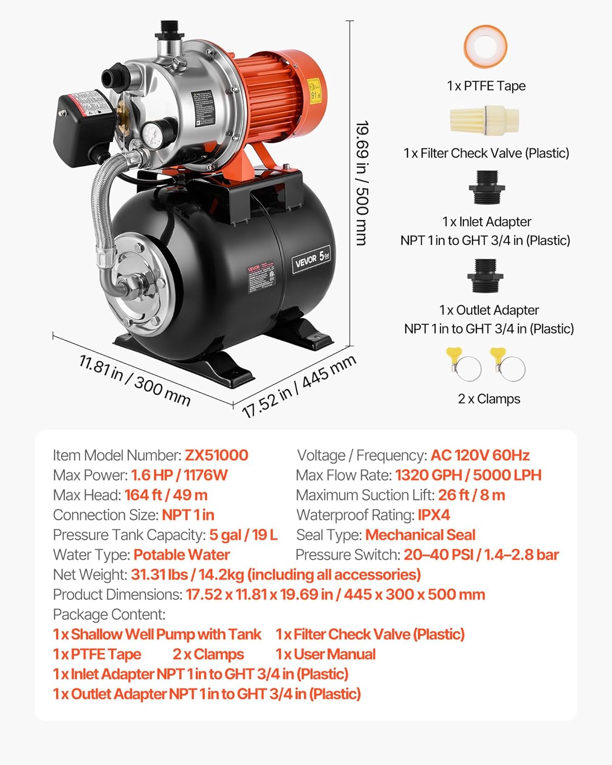 VEVOR 1.6 HP Shallow Well Pump with Pressure Tank, 120V 1320 GPH, Stainless Steel Irrigation Jet Pump with 5-Gal Pressure Tank, Automatic Water Booster System, for Home Garden Lawn, Potable Water