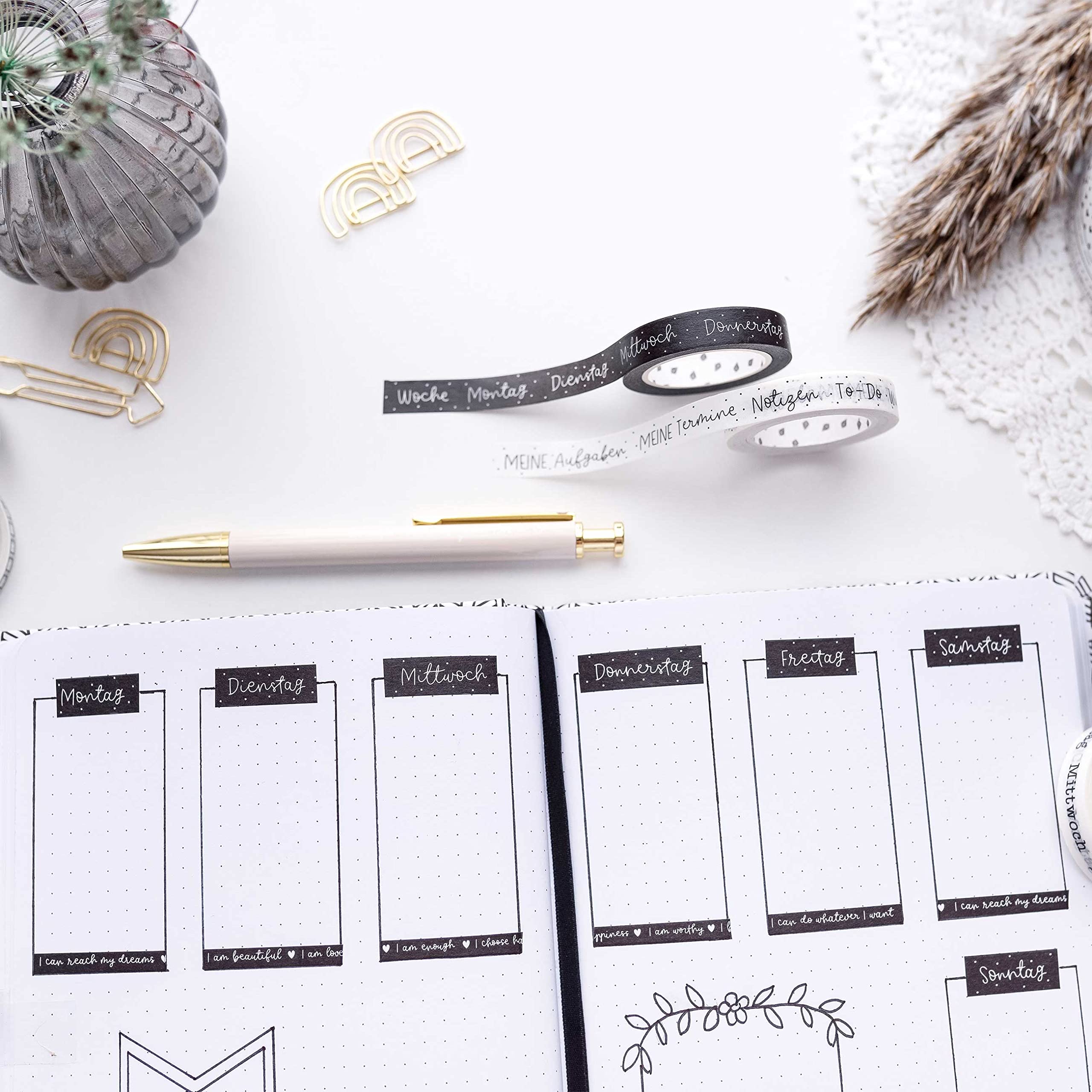 Papierdrachen 9 taśm Washi do dziennika, odręczne napisy, dni tygodnia, po prostu przyklej, do zrobienia, tygodniowy harmonogram DIY, zadania, idealne dla początkujących i profesjonalistów, czarne