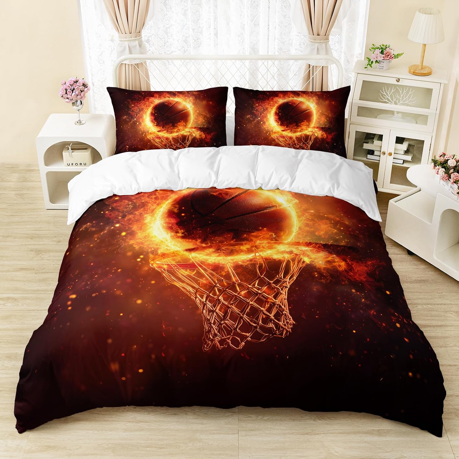AILONEN 3D Fire Basketball Duvet Cover Set Twin Size - Sports Themed Bedding Set for Kids Boys - Flame Basketball Printed Soft Comforter Cover + 2 Pillowcases - 3Pcs
