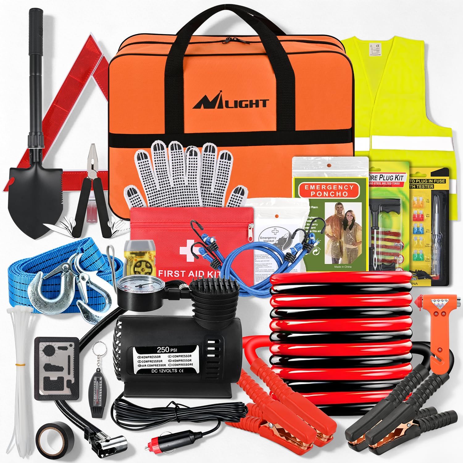 Nilight Kit de Emergencia para automóvil con Cable de Puente compresor de Aire reparación de neumáticos Herramientas Esenciales y 44 Piezas botiquín de Primeros Auxilios, Asistencia de Seguridad en