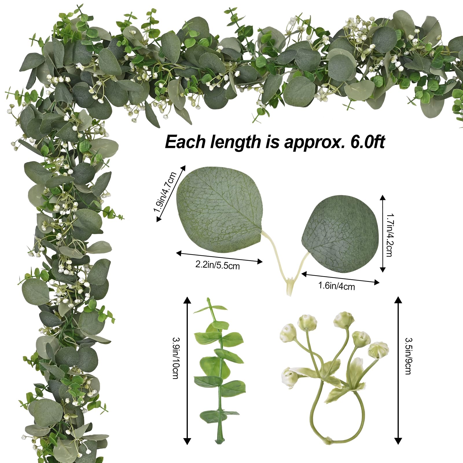 Dolicer Lot de 6 guirlandes d'eucalyptus artificielles de 1,8 m avec graines blanches, fausses guirlandes de verdure à suspendre pour toile de fond de mariage, arche, table, mur, fête, décoration