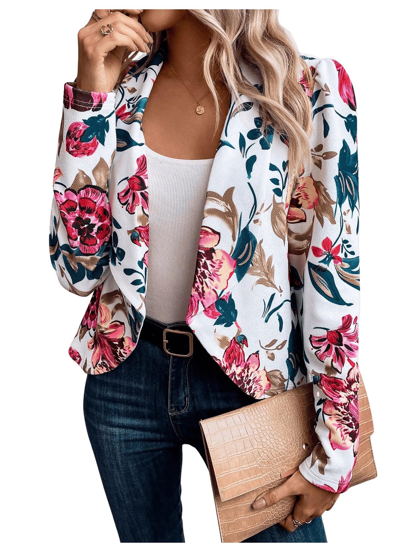 SweatyRocks Womens Lapel Floral Print Blazer Long Sleeve Draped Open Front Jacket