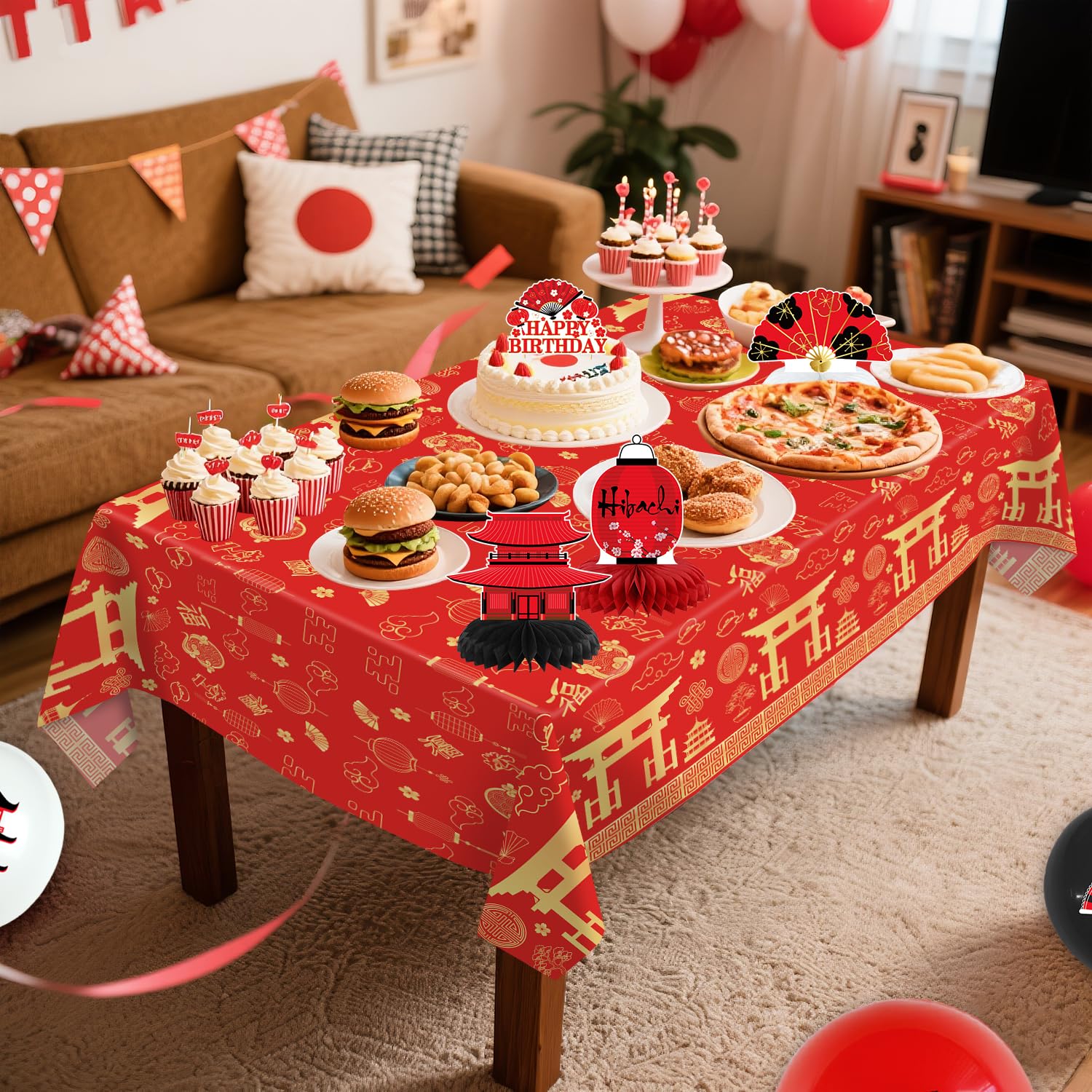 Decorazioni per feste Hibachi, forniture per feste di compleanno giapponesi Hibachi includono striscione di buon compleanno, decorazioni per torte, centrotavola a nido d'ape, tovaglia e palloncini per