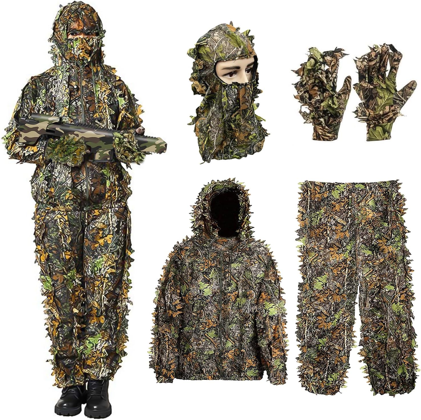 Ghillie Suit, 3D Leafy Camo Suit Hunting Camouflage Clothing Woodland Apparel for Hunting Airsoft Wildlife Photography Set - Small for Kids