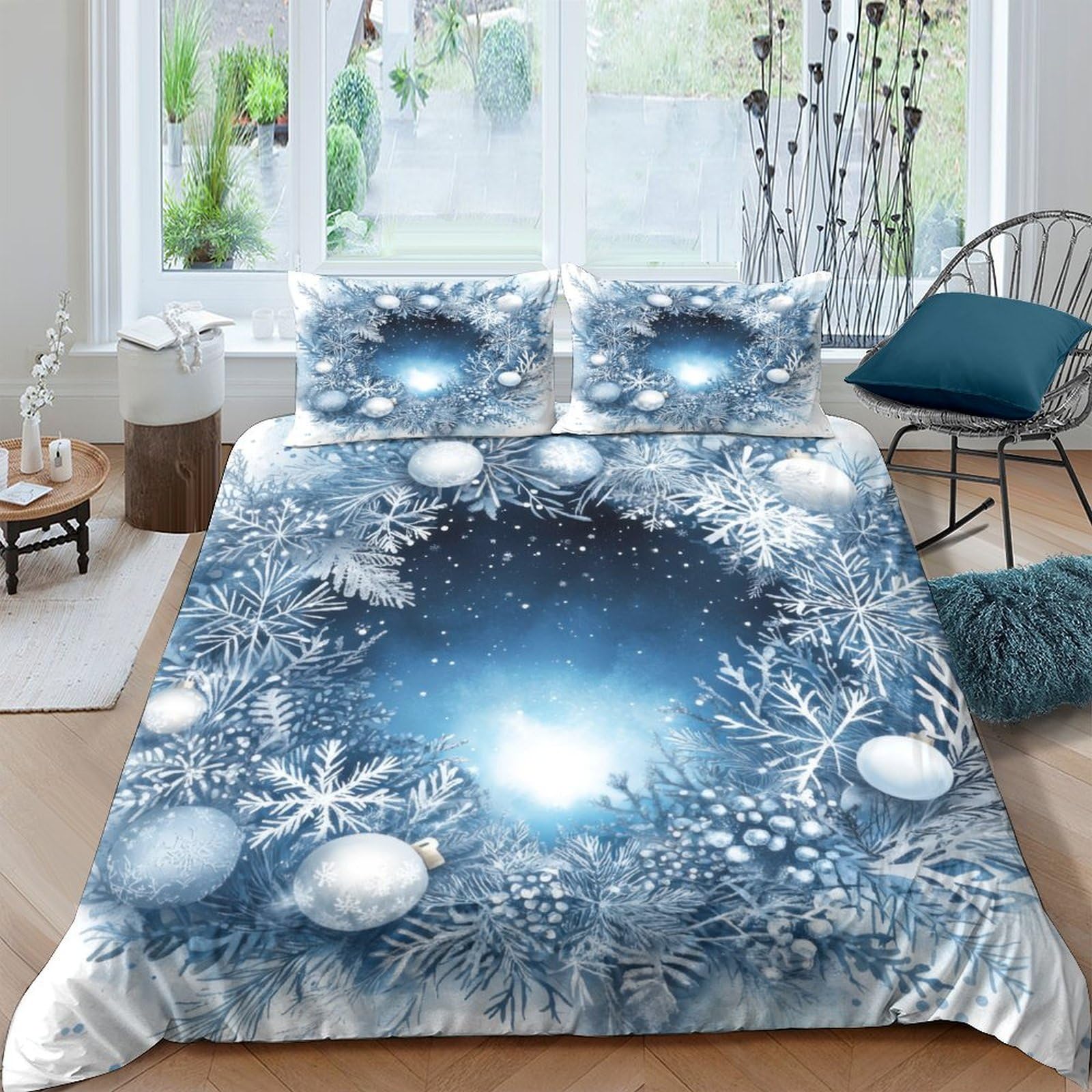 Ctjqhvkz Style-7 3D Printed Winter Snowflake Fitted Sheet Microfiber Blue Frosty Christmas Ornament Mattress Cover Bedroom Decor Single（135X200cm）