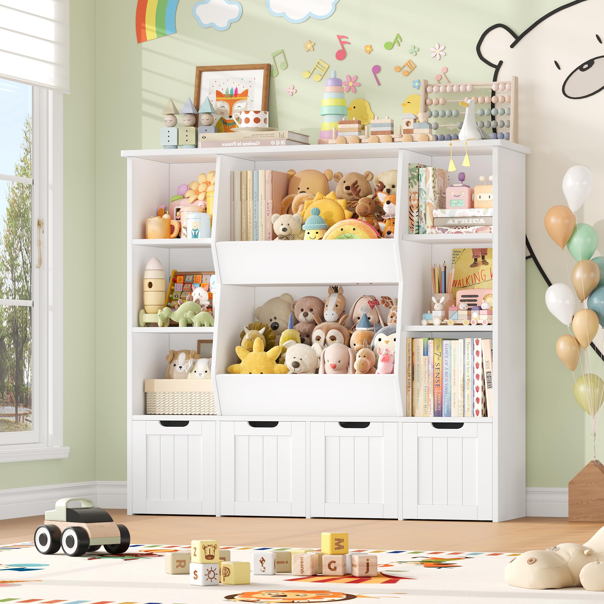 FOREHILL Kinderregal, Kinderzimmer Möbel für Kuscheltier Aufbewahrung | Regal für Pupen, Kinderschrank mit 4 Boxen auf Rollen, Bücherregal Kinder, Kinderzimmer, Kindergarten, 124,5x35x118cm Weiß