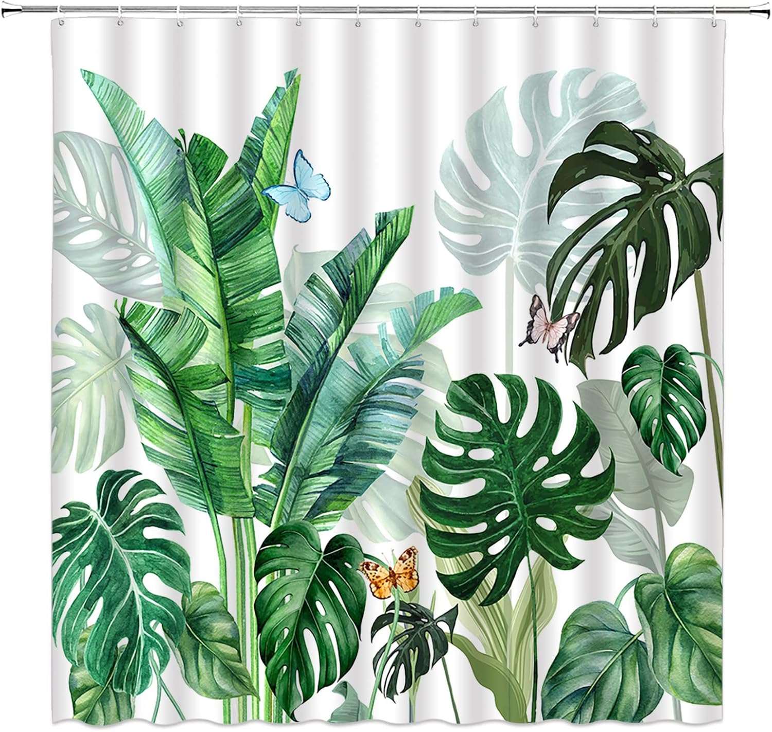 Tropical Leaf Shower Curtain Palm Leaf Green Plant Butterfly Summer Watercolor Banana Monstera Jungle Botanical Fabric Bathroom Curtain Set with Hooks(70" Wx78 H)