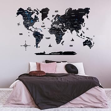 Enjoy The Wood 2D World Map Wall Art Living Room Decor Housewarming Gift for Home Wooden Wall Map Birthday Gift 5th Gift Travel Decor Midnight, X-Large