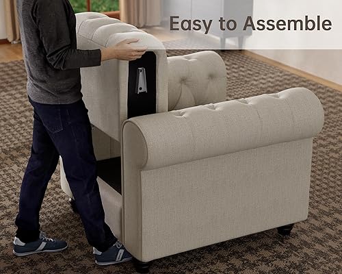 Miniatura 8 de Morden Fort Juego de Sofá Clásico Chesterfield de 82'', Sofá Capitoné para Juego de Sofás con Patas de Madera Maciza, Cojín Grueso, Sofás de Asiento