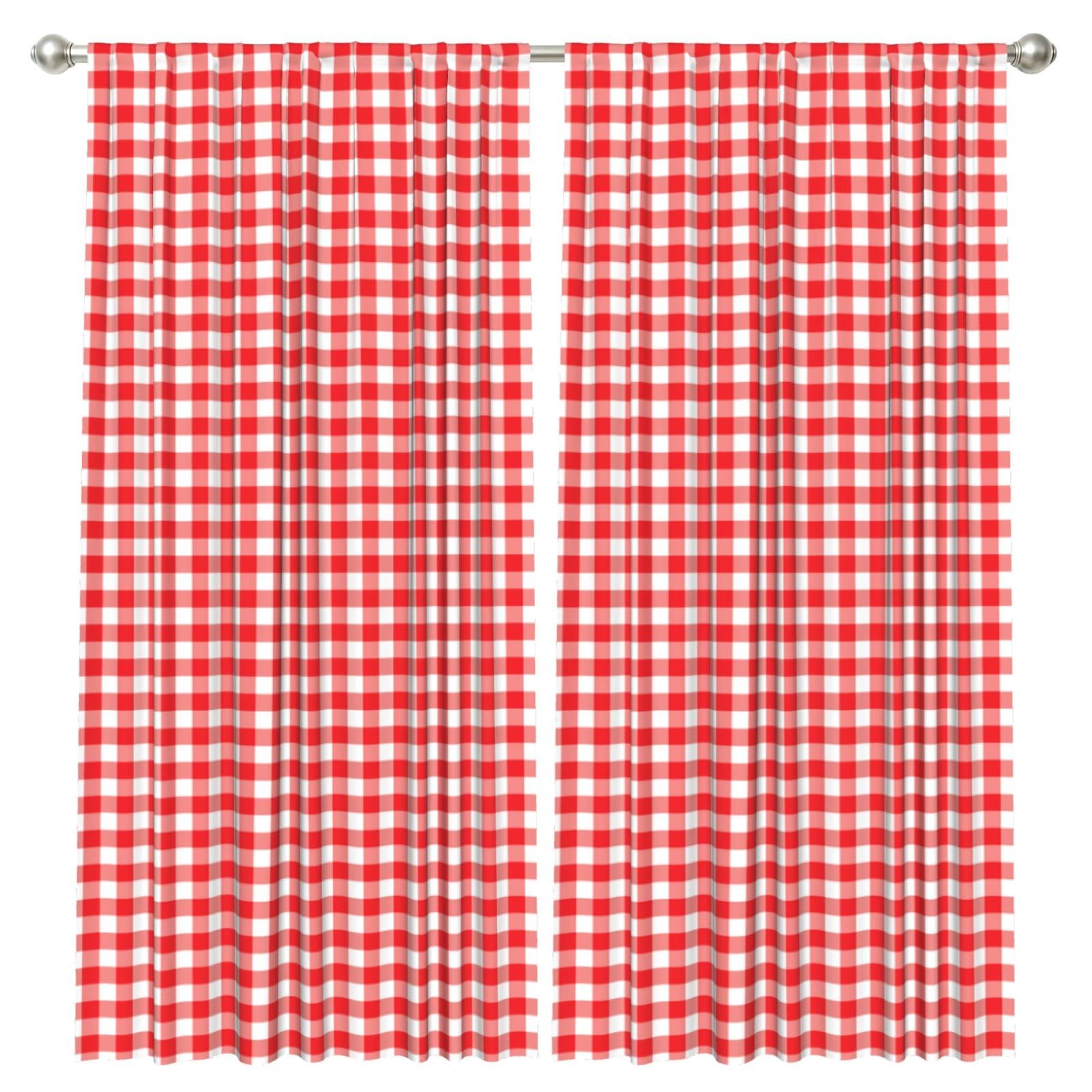 InOmak Checkered Geometric Red And White Squares, 2 Panels Window Curtains 52 x 84 Inch Blackout Curtains for Living Room Bedroom