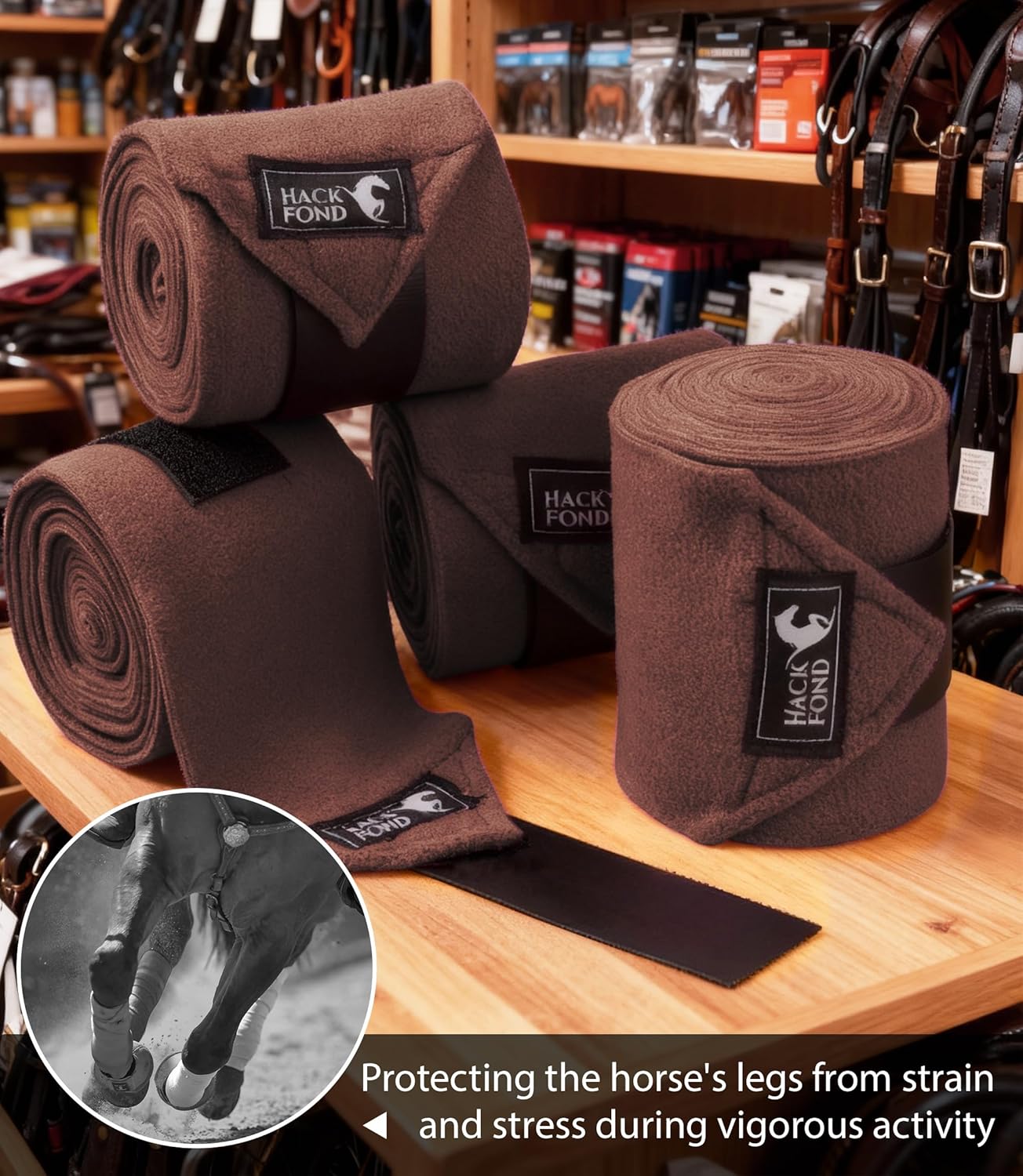 Fleece Horse Polo Leg Wraps Set of 4, 10' Horse Leg Bandages Stable Supplies Equestrian Boots Dark Brown