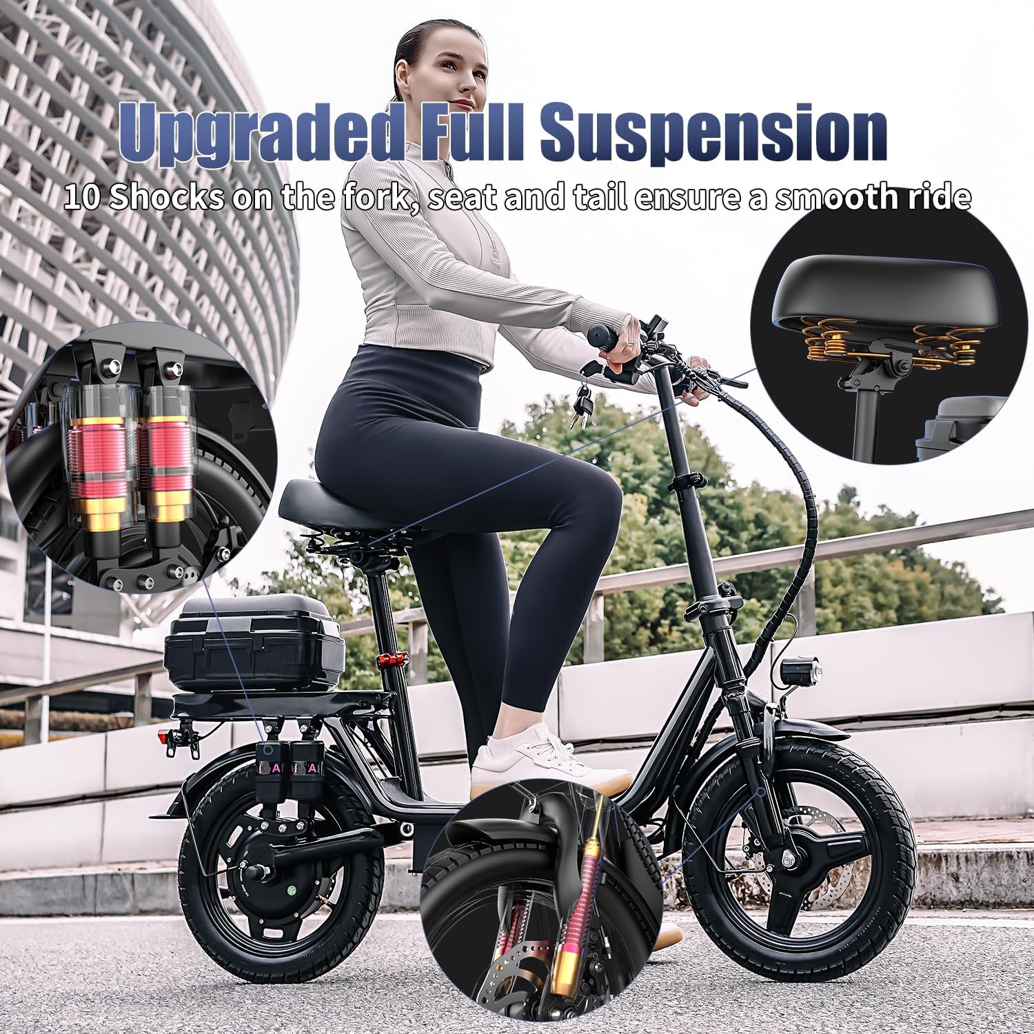 Image showing a person riding the X-koala GQ8 Electric Scooter, with insets highlighting the upgraded full suspension system, including 10 shocks on the fork, seat, and tail for a smooth ride.