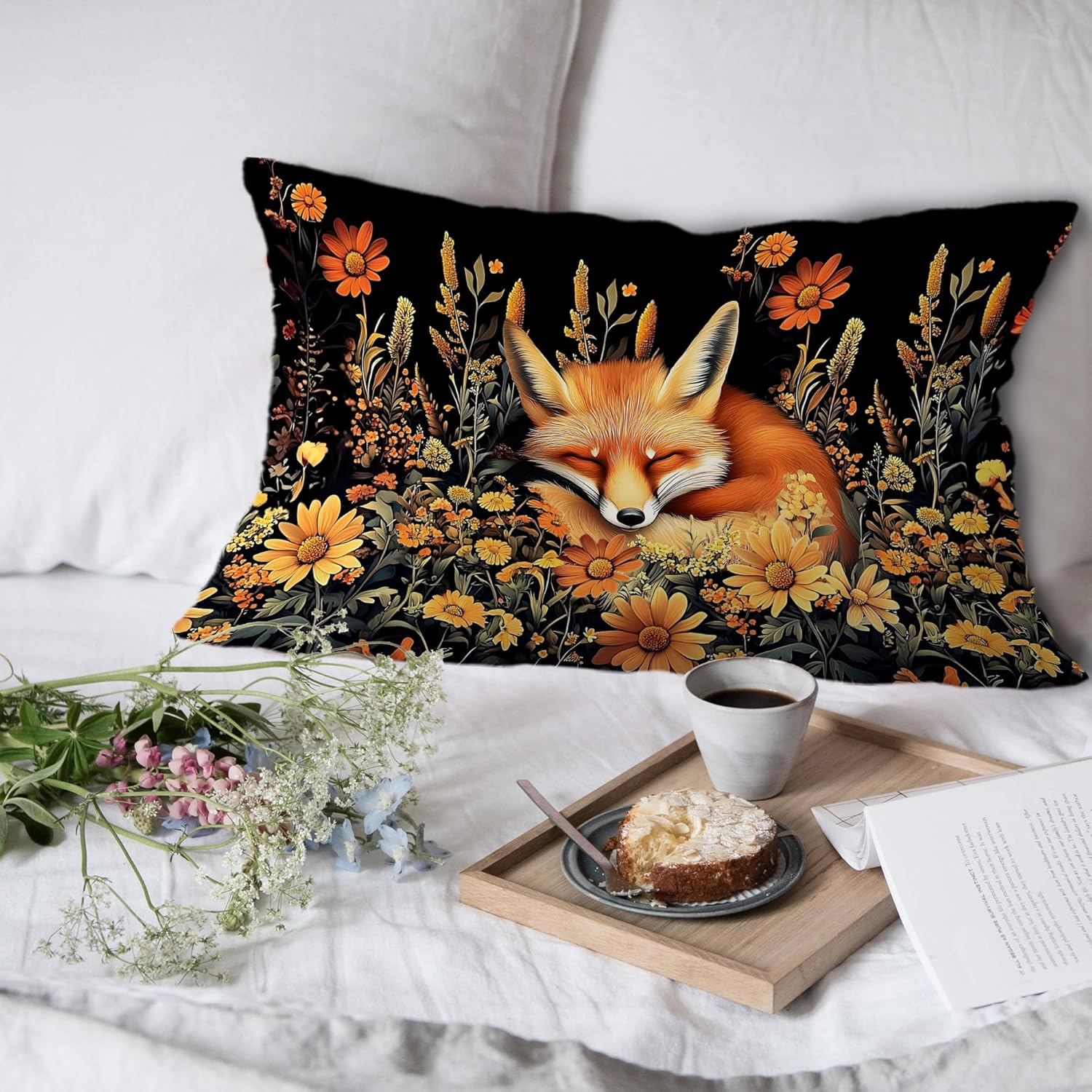 Vintage Moody Floral Fox Pillow Covers 12x20 Set of 2, Dark Cottagecore Botanical Wildflower Forest Fox Decorative Lumbar Pillow Covers for Home Bedroom Living Room - Image 6