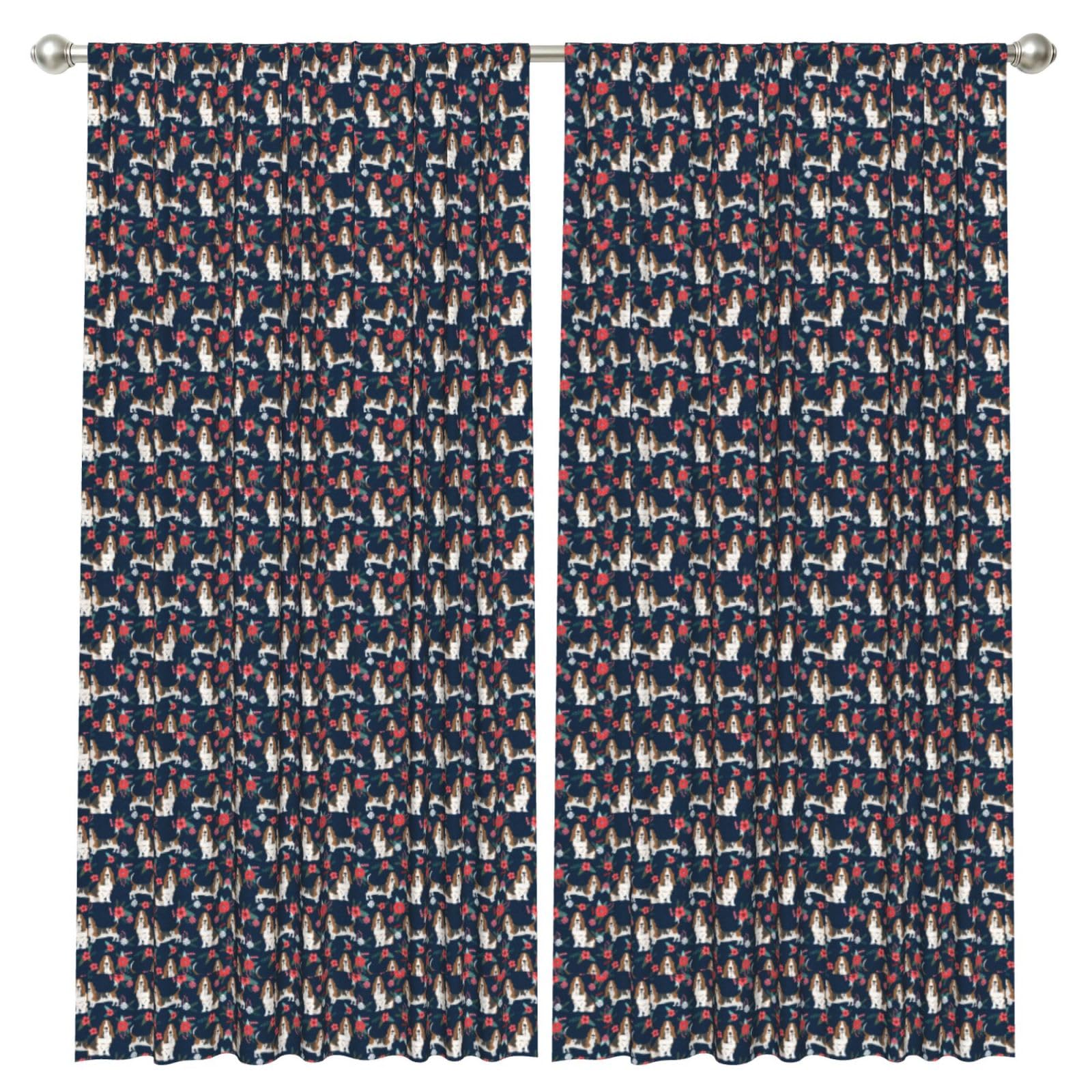 InOmak Basset Hound Navy And Poppy Floral, 2 Panels Window Curtains 52 x 84 Inch Blackout Curtains for Living Room Bedroom